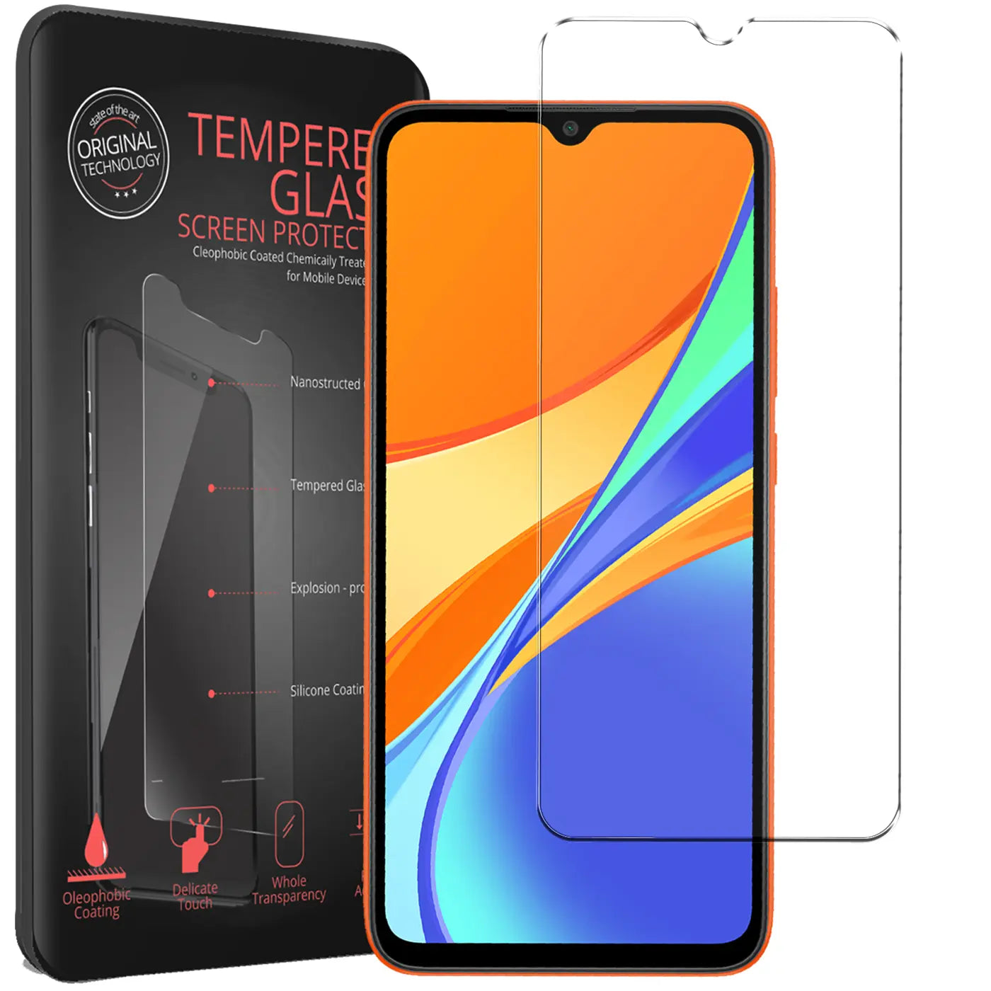 Schwarze Verpackung, orangefarbenes Xiaomi Redmi 9C Smartphone mit Displayschutz und ein separates Panzerglas.