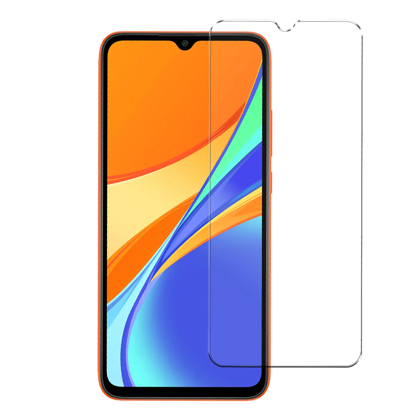 Orangefarbenes Xiaomi Redmi 9C Smartphone mit Display und daneben liegendem transparenten Panzerglas Displayschutz.