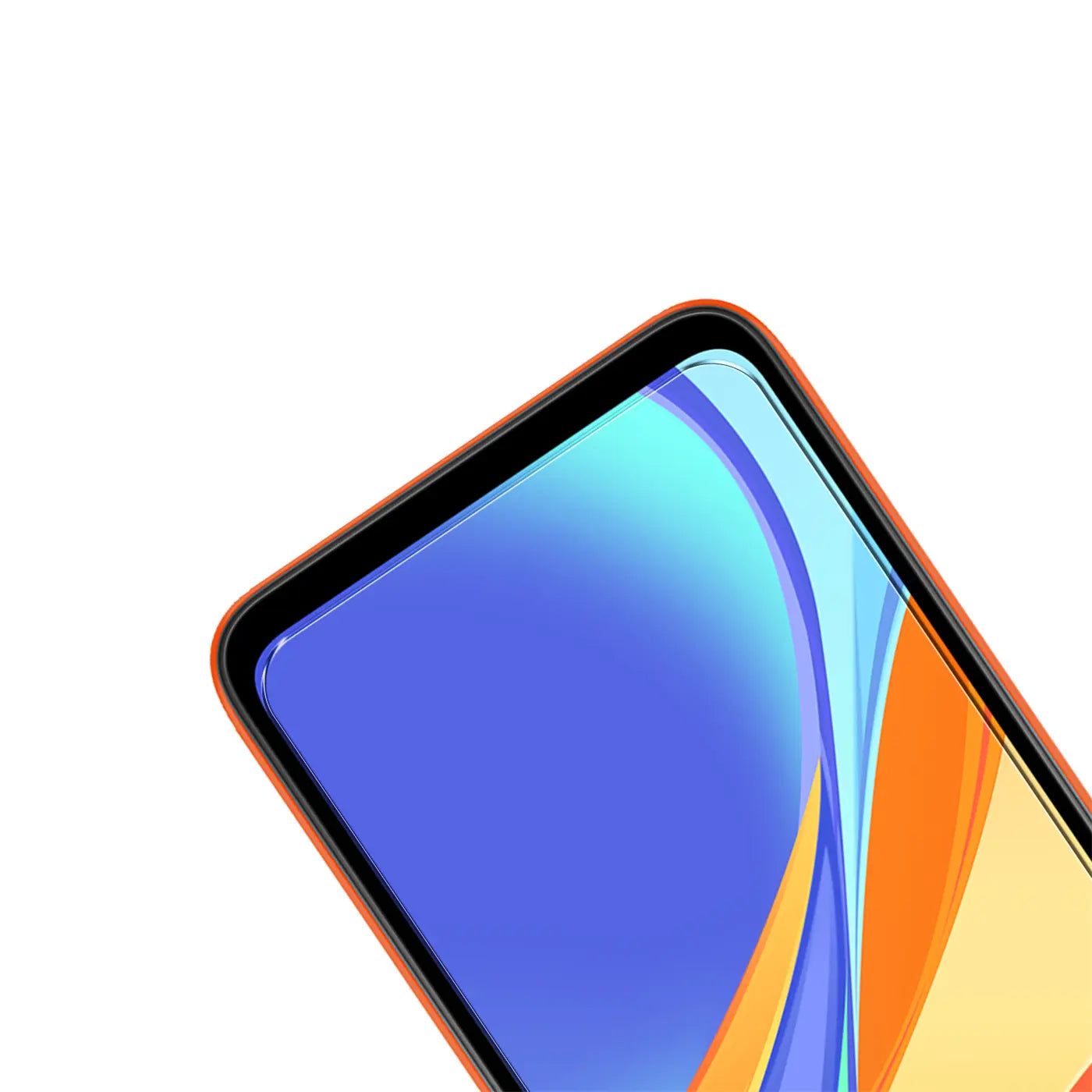 Orangefarbenes Xiaomi Redmi 9C Smartphone, schräg von oben, mit aufgebrachtem transparentem Panzerglas-Displayschutz.
