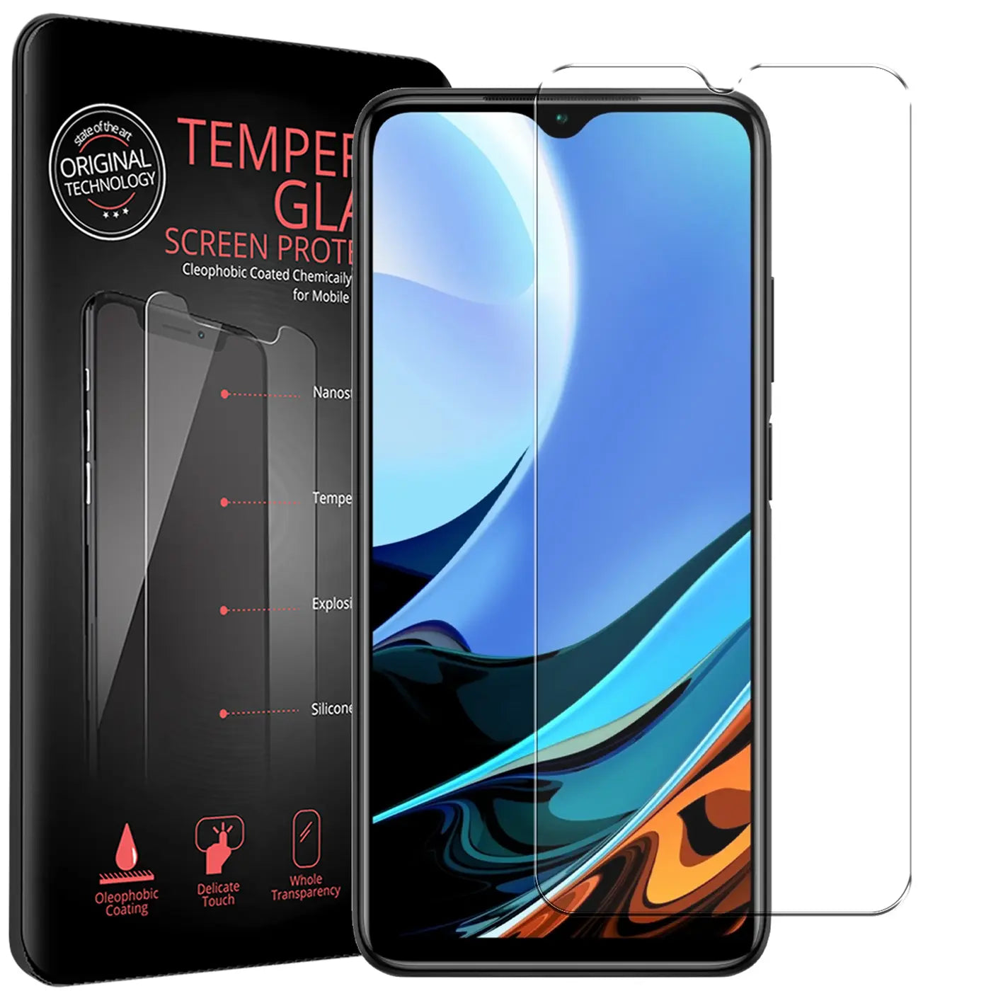 Zwei transparente Panzerglas-Displayschutzfolien für Xiaomi Redmi 9T, eine auf dem Handy, eine daneben.