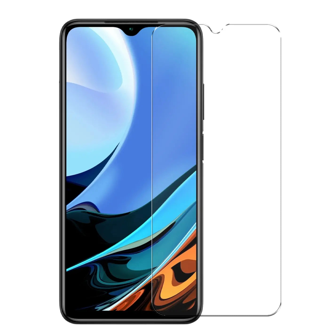 Schwarzes Xiaomi Redmi 9T Smartphone frontal, daneben ein transparentes Panzerglas mit Aussparung für die Notch.