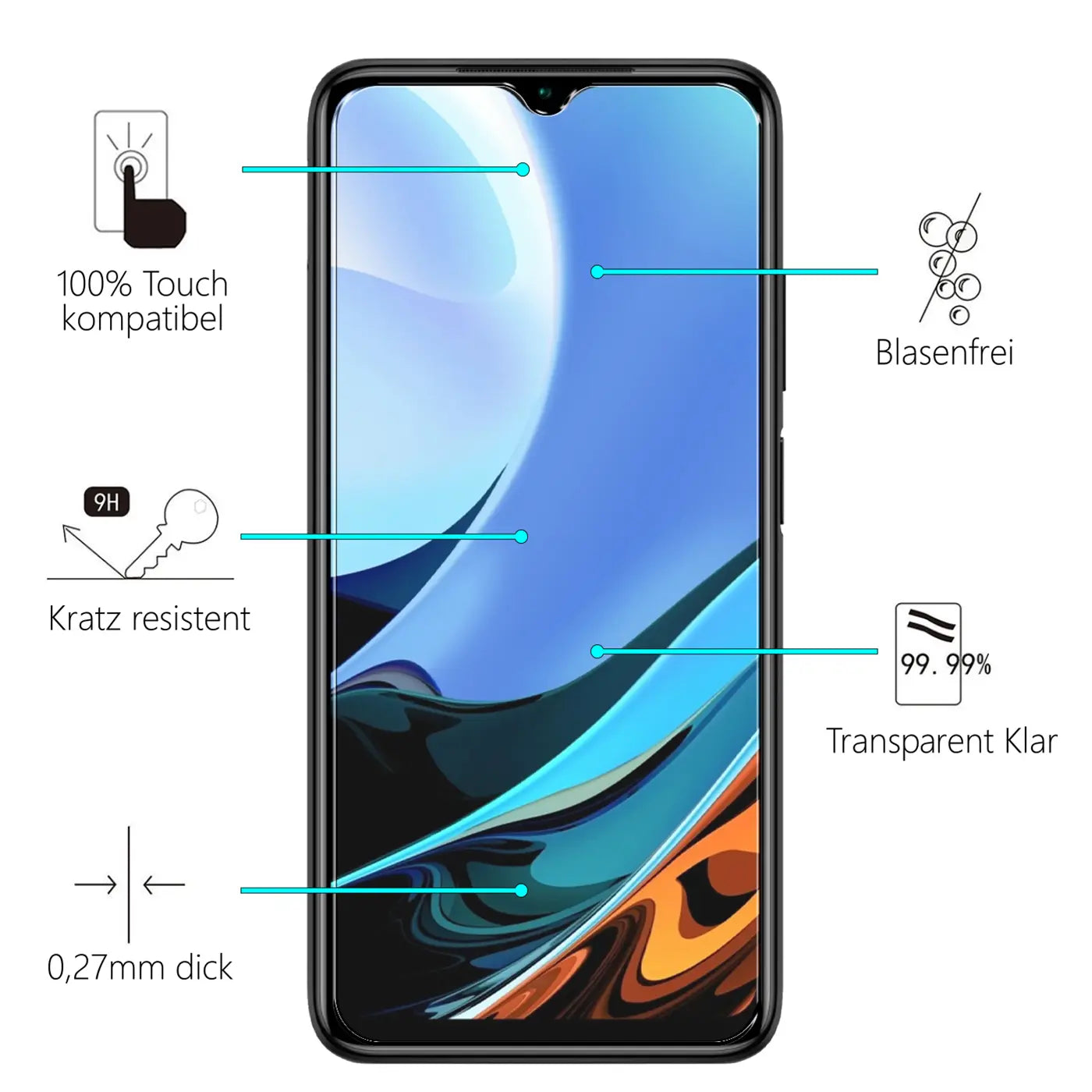Schwarzes Xiaomi Redmi 9T Smartphone mit Panzerglas-Displayschutz von vorne, umgeben von Piktogrammen und Text.