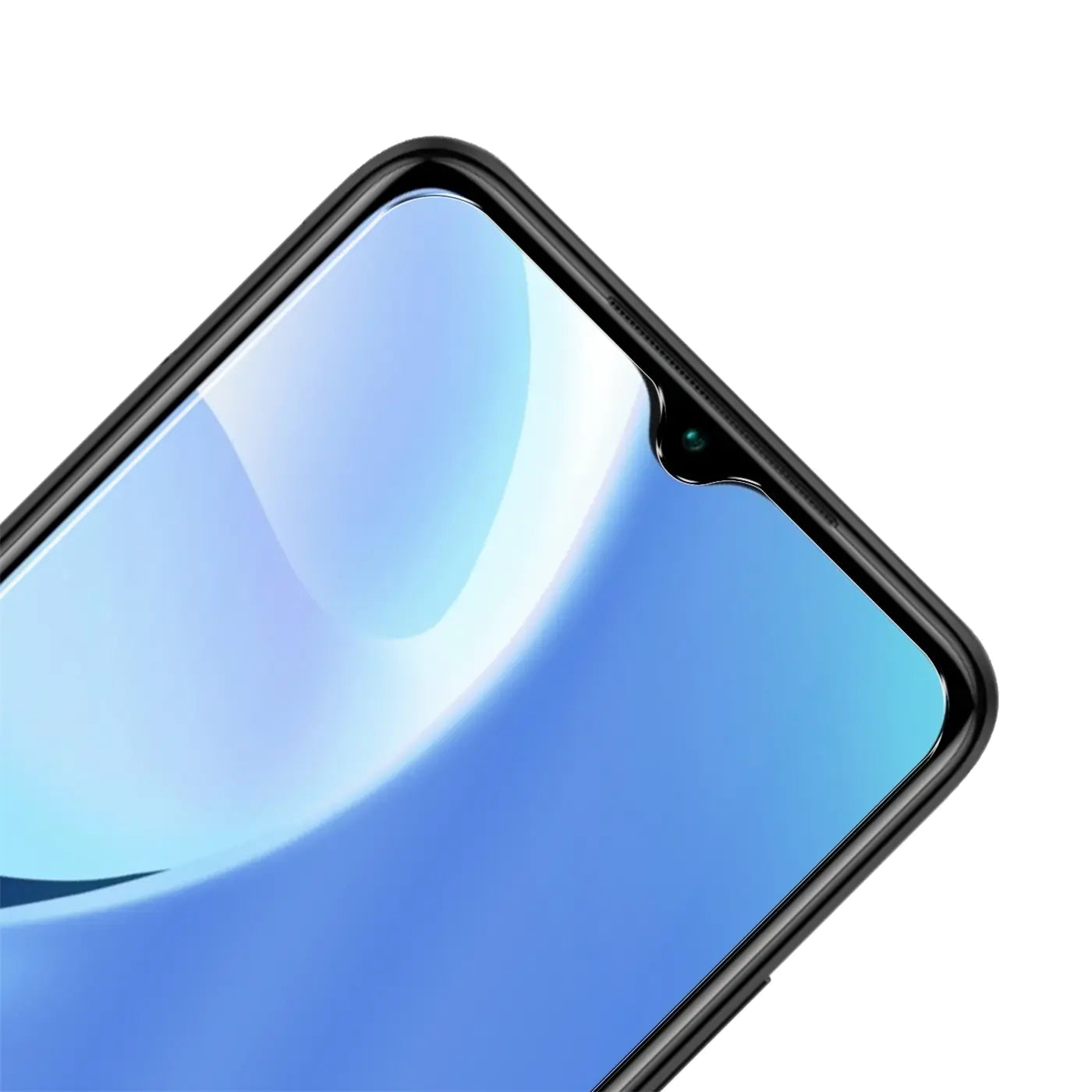 Nahaufnahme des oberen rechten Bereichs eines schwarzen Xiaomi Redmi 9T Smartphones mit glänzendem Panzerglas-Displayschutz.