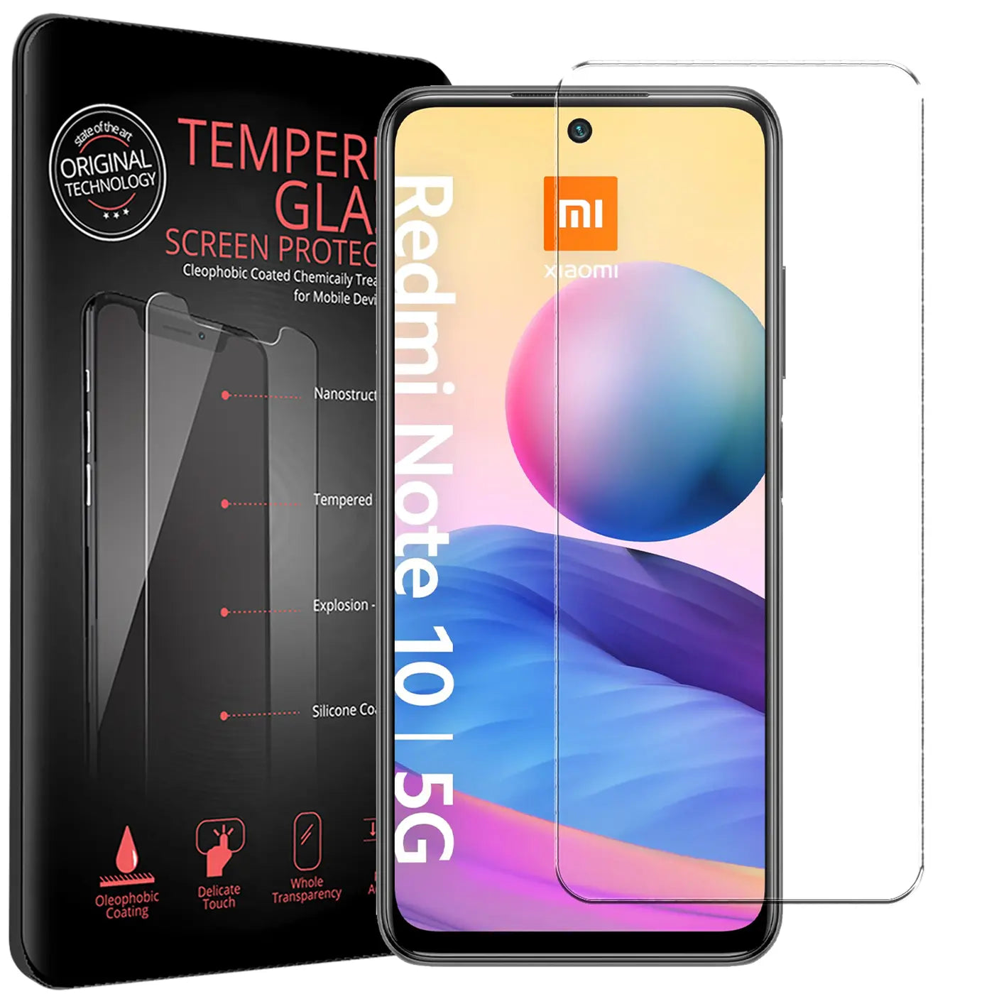 Zwei transparente Panzerglas-Displayschutzfolien für Xiaomi Redmi Note 10 5G, schräg von vorne. Eine ist auf einem Handy.