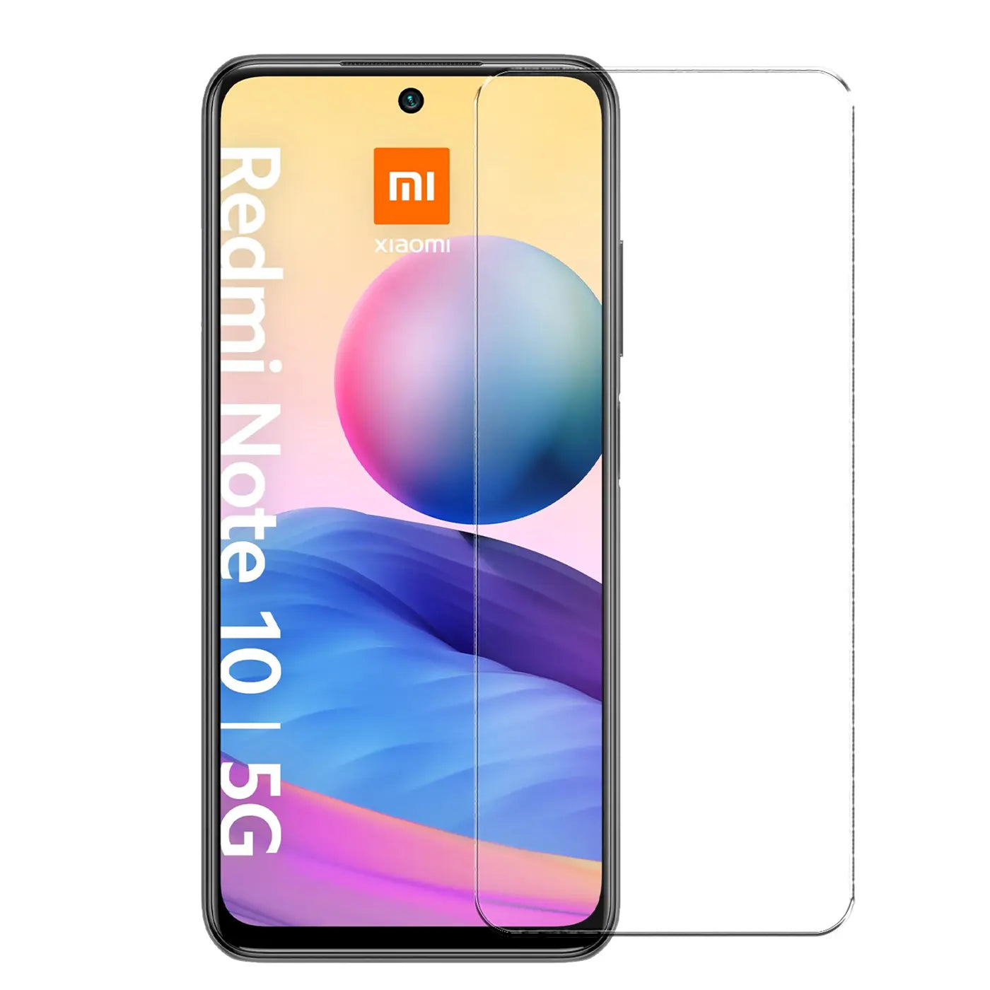 Xiaomi Redmi Note 10 5G, schwarzes Smartphone mit Display-Hintergrundbild und transparentem Panzerglas-Displayschutz.