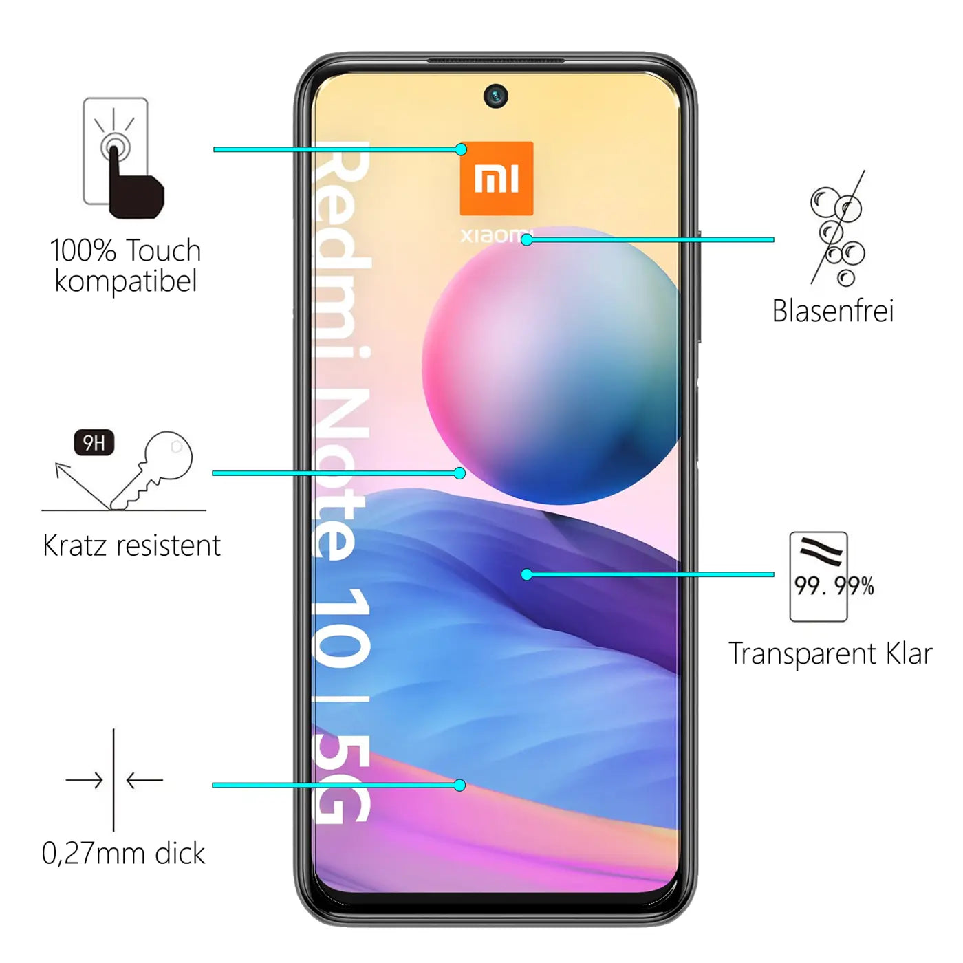 Schwarzes Xiaomi Redmi Note 10 5G mit Panzerglas-Displayschutz, umgeben von Icons und Texten zu dessen Eigenschaften.