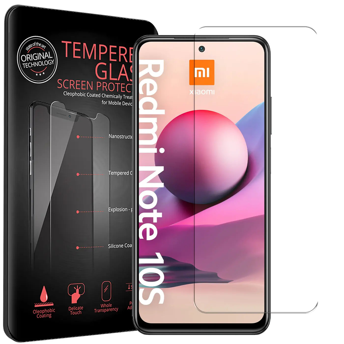 Zwei transparente Panzerglas-Displayschutzfolien für Xiaomi Redmi Note 10 / 10S, eine auf dem Handy, eine daneben.