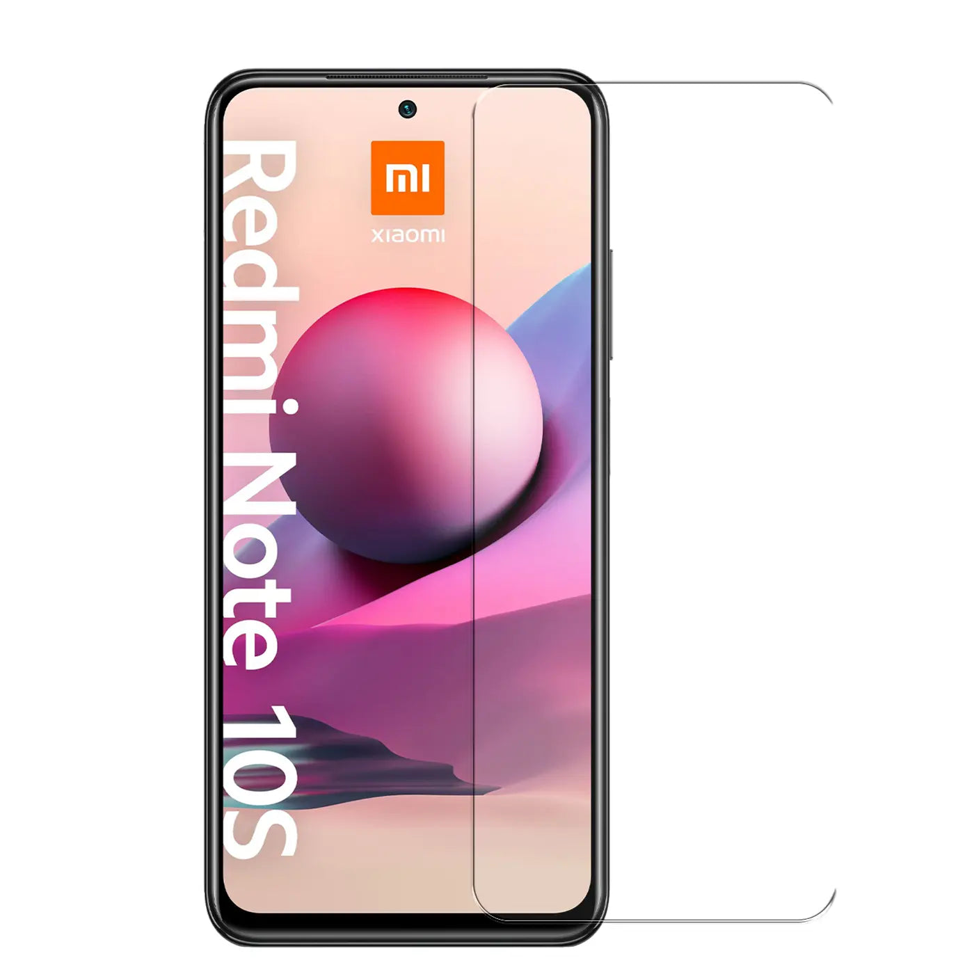 Schwarzes Xiaomi Redmi Note 10S Smartphone mit transparentem Panzerglas-Displayschutz von vorne.