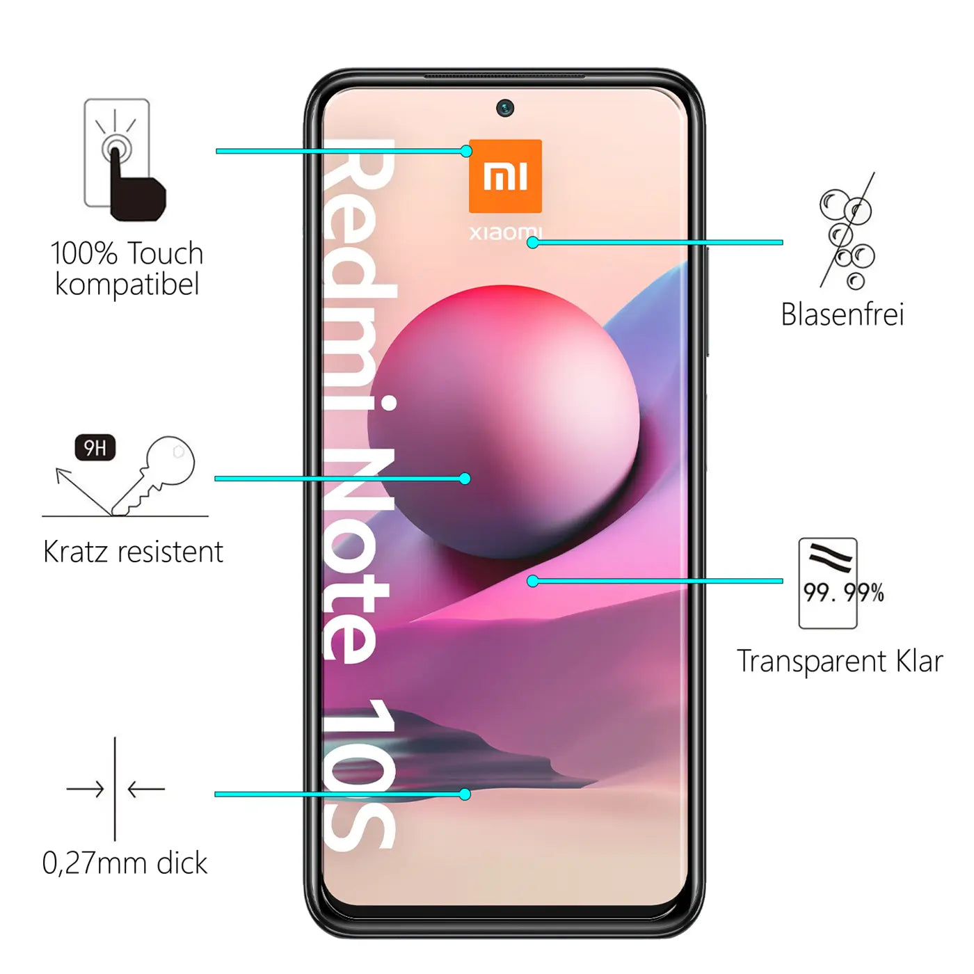 Schwarzes Xiaomi Redmi Note 10/10S Handy von vorne, mit transparentem Panzerglas und Produktmerkmalen.