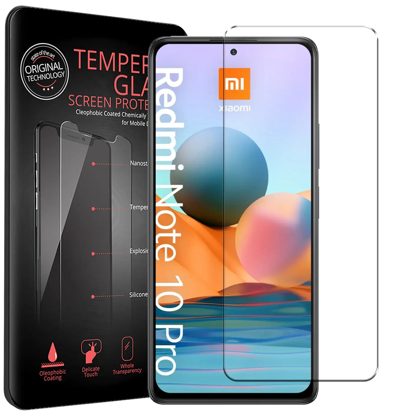 Schwarze Verpackung, Xiaomi Redmi Note 10 Pro mit aufgelegtem Panzerglas und ein weiteres Panzerglas daneben.