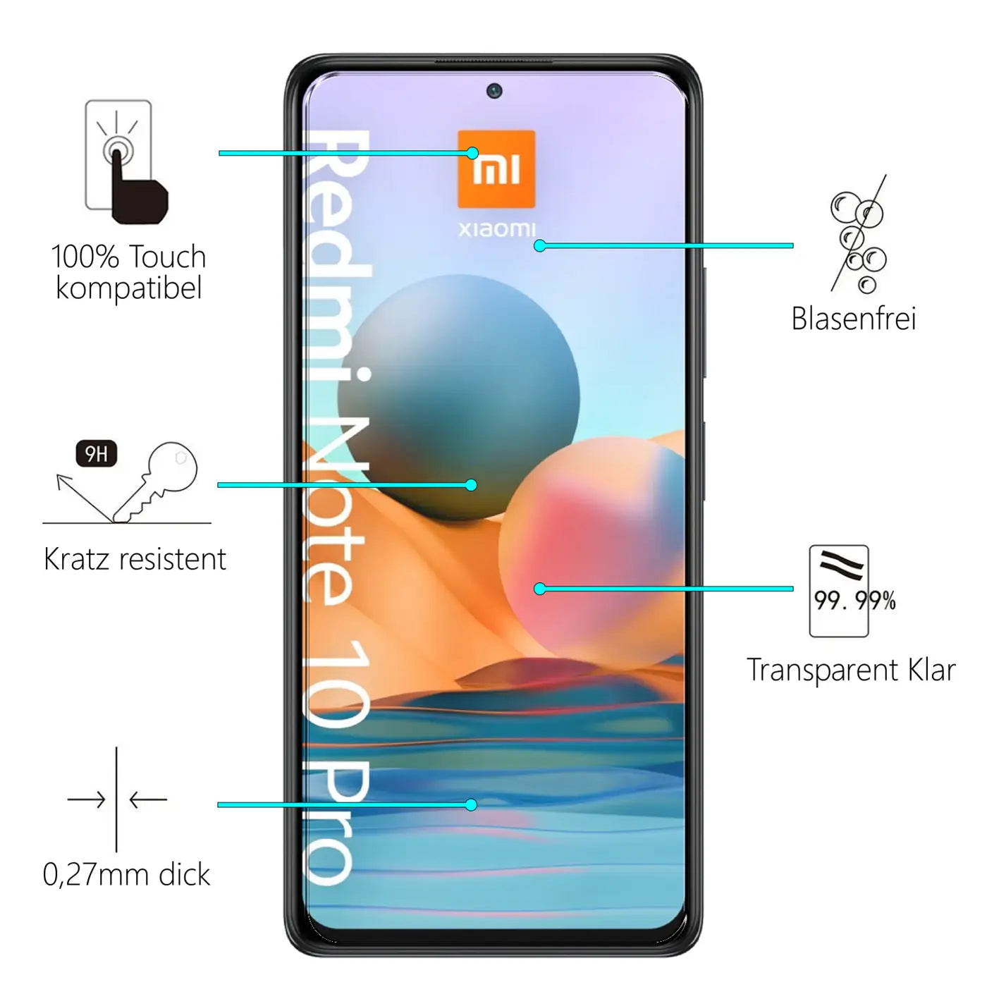 Schwarzes Xiaomi Redmi Note 10 Pro Smartphone frontal mit Displayfolie, umgeben von Icons und Text zu Eigenschaften.