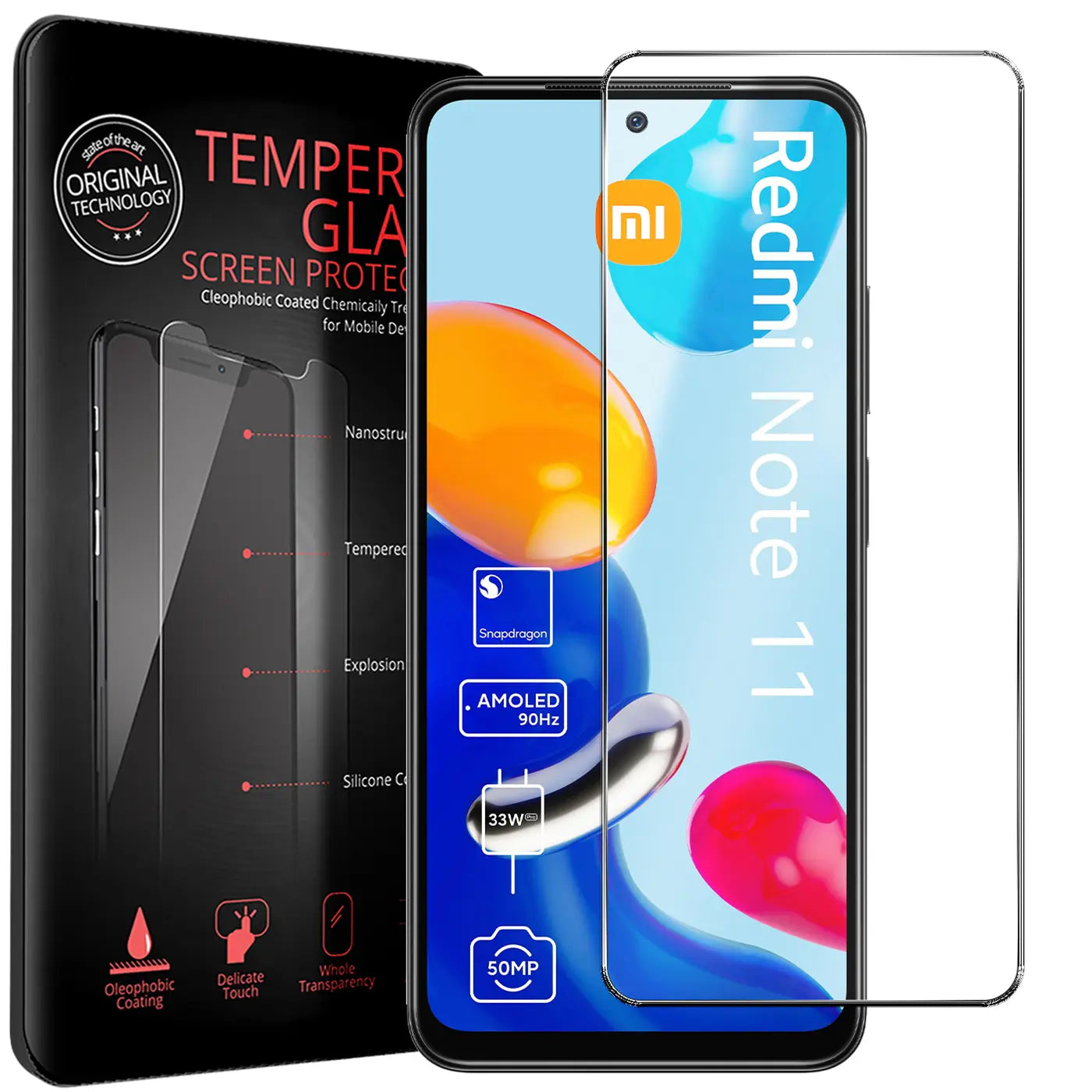 Schwarze Verpackung mit transparentem Panzerglas für Xiaomi Redmi Note 11/11s, schräg von vorne.