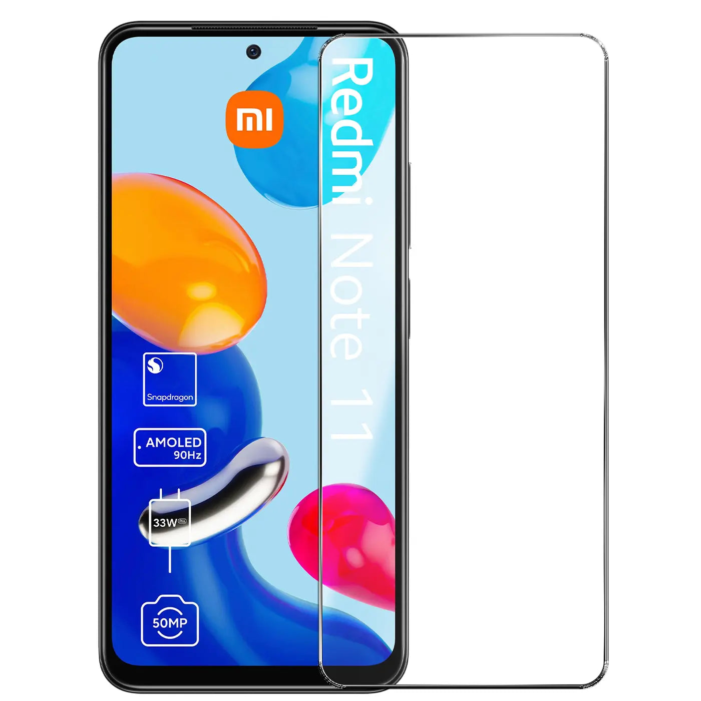 Schwarzes Xiaomi Redmi Note 11 Handy mit Display-Hintergrundbild und daneben ein transparentes Panzerglas von vorne.