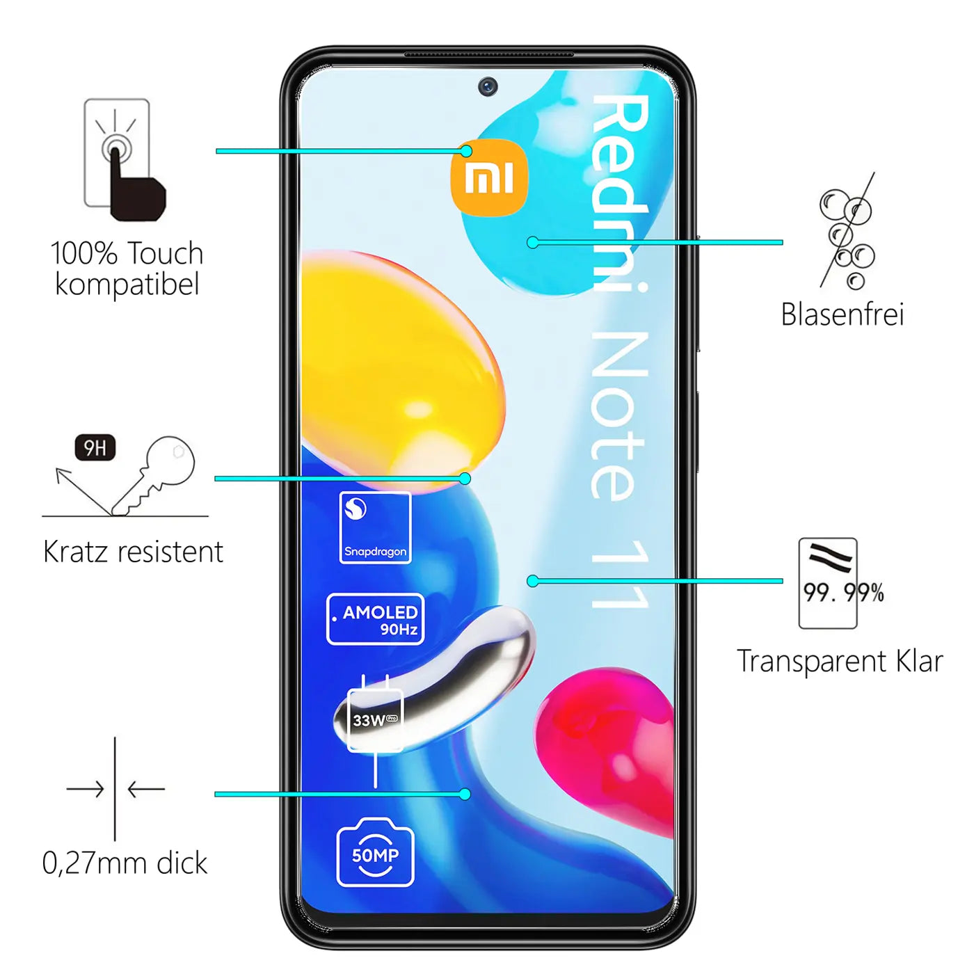 Schwarzes Xiaomi Redmi Note 11/11s Smartphone, Vorderansicht, mit Produktmerkmalen des Panzerglas Displayschutzes.