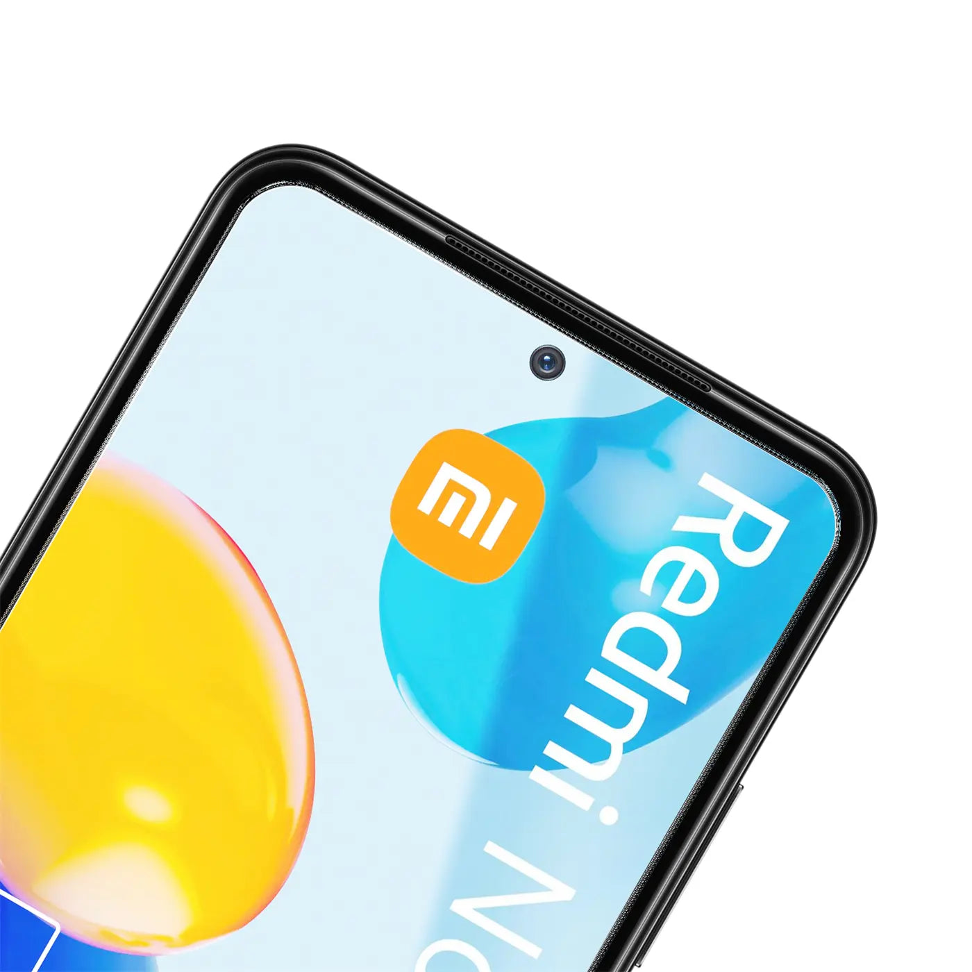 Nahaufnahme des oberen rechten Bereichs eines Xiaomi Redmi Note 11/11s Displays mit schwarzem Panzerglas.