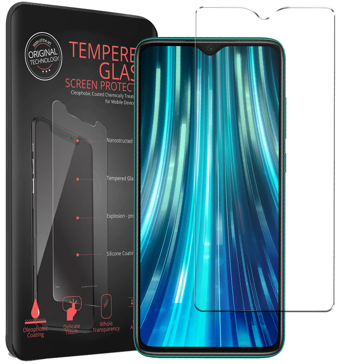 Schwarze Verpackung, grünes Xiaomi Redmi Note 8 Pro Smartphone und zwei klare Panzergläser, schräg von vorne.