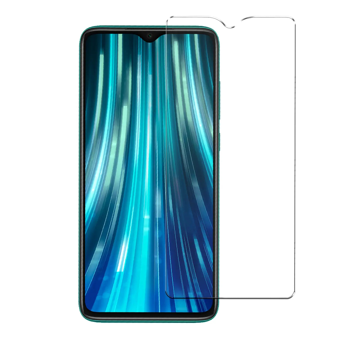 Grünes Xiaomi Redmi Note 8 Pro mit blauem Display, daneben ein transparentes Panzerglas von vorne.