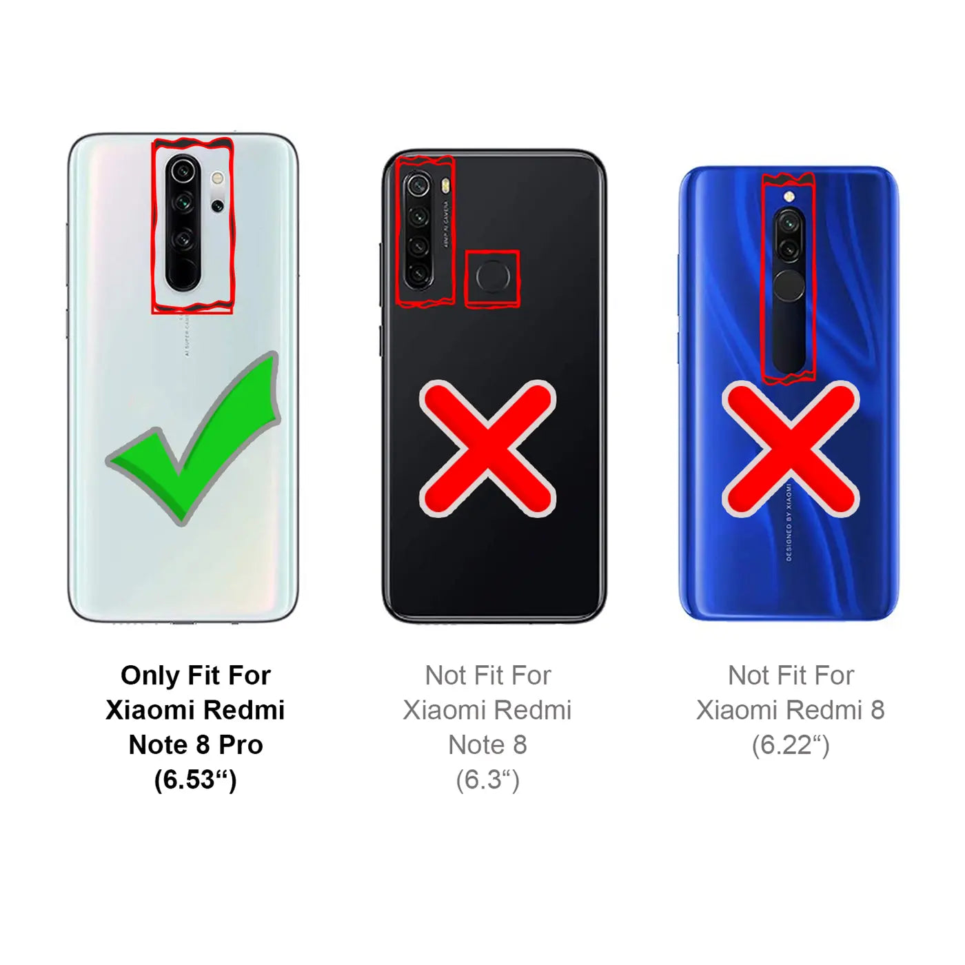 Rückansicht von 3 Xiaomi Redmi Smartphones: Note 8 Pro (weiß, Haken), Note 8 (schwarz, X), Redmi 8 (blau, X).
