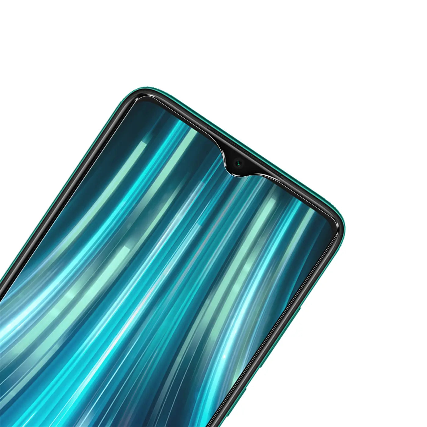 Xiaomi Redmi Note 8 Pro mit glänzendem, transparentem Panzerglas-Displayschutz von oben links schräg fotografiert.