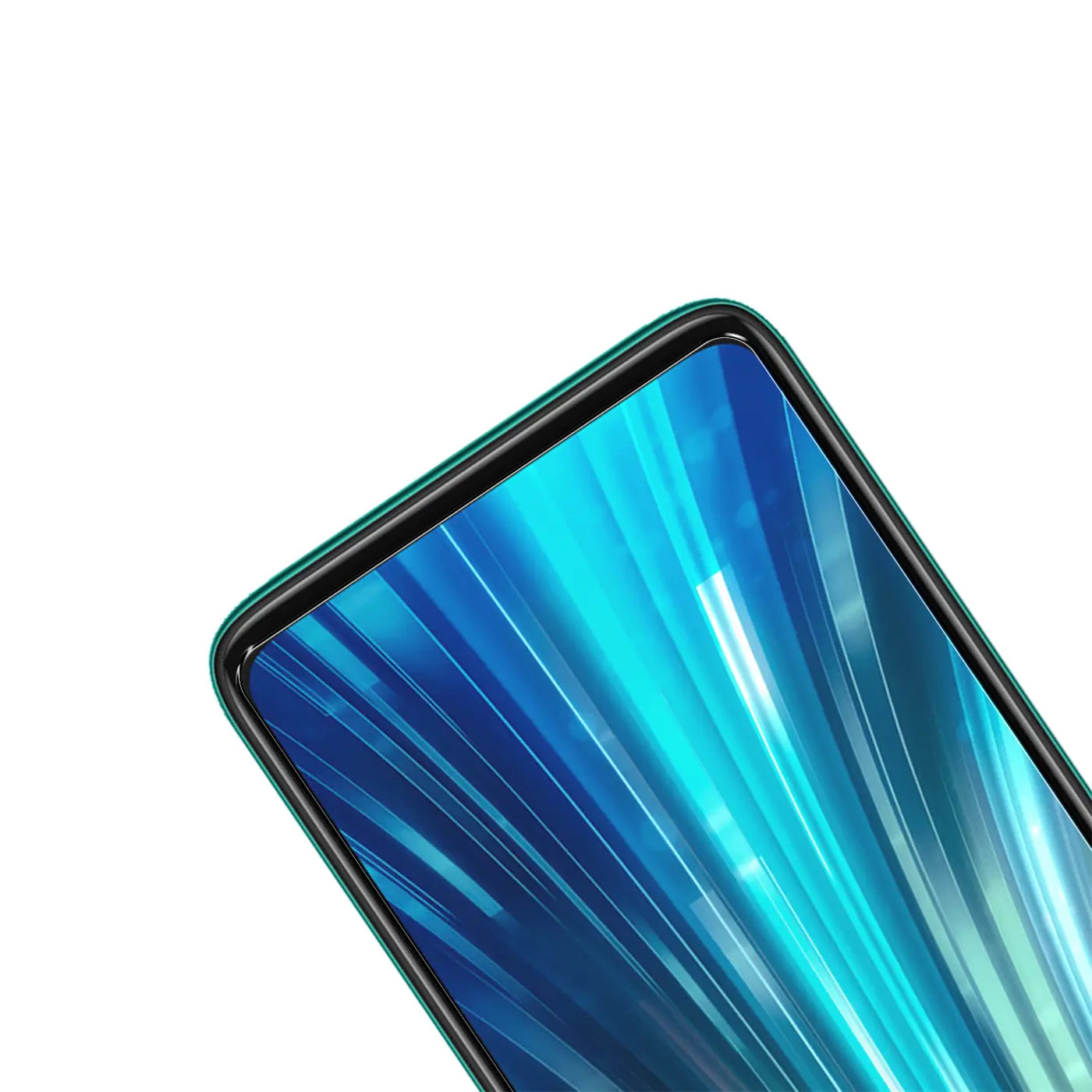 Oberer rechter Bereich eines grünen Xiaomi Redmi Note 8 Pro mit blauem Display, schräg von oben rechts fotografiert.