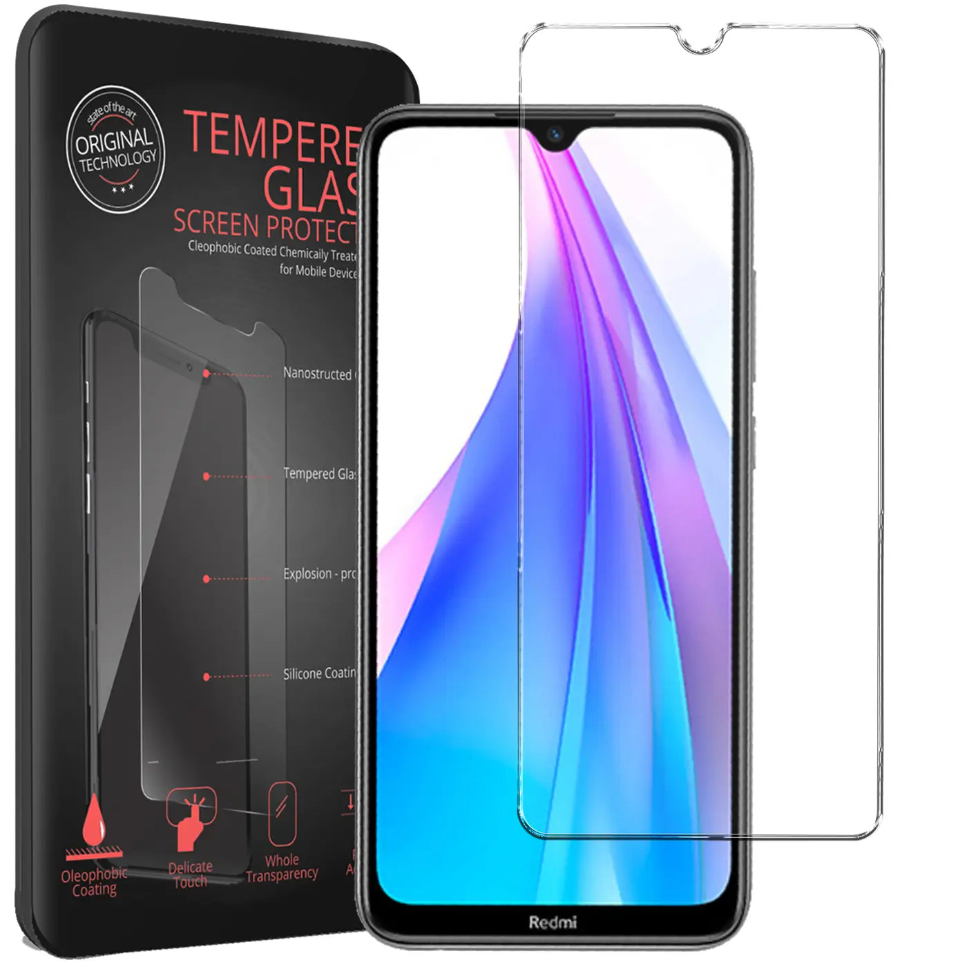 Schwarze Verpackung, Xiaomi Redmi Note 8T Smartphone und zwei transparente Panzerglas-Displayschutzfolien, schräg von vorne.