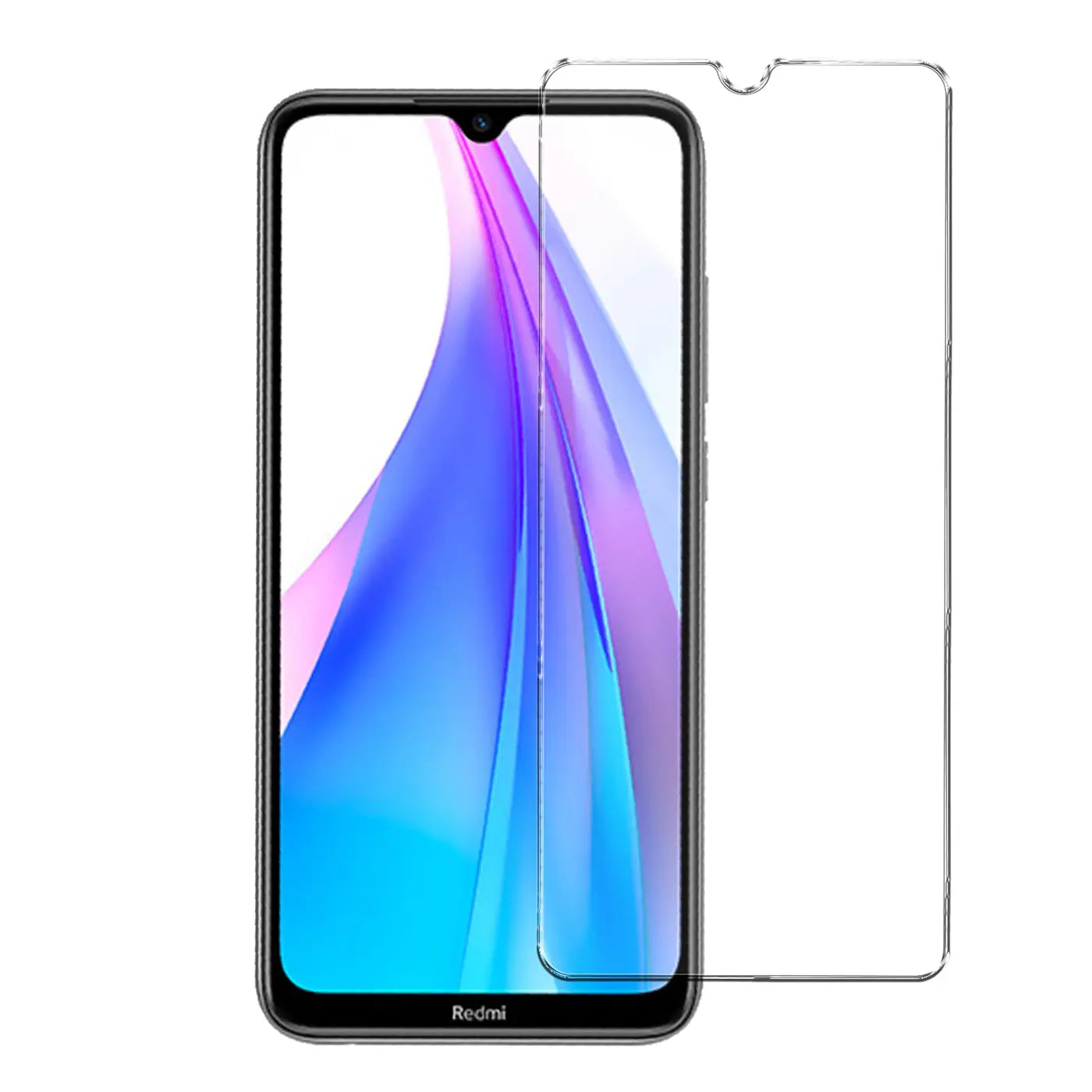 Vorderansicht eines schwarzen Xiaomi Redmi Note 8T mit Display-Wallpaper und einem transparenten Panzerglas-Displayschutz.