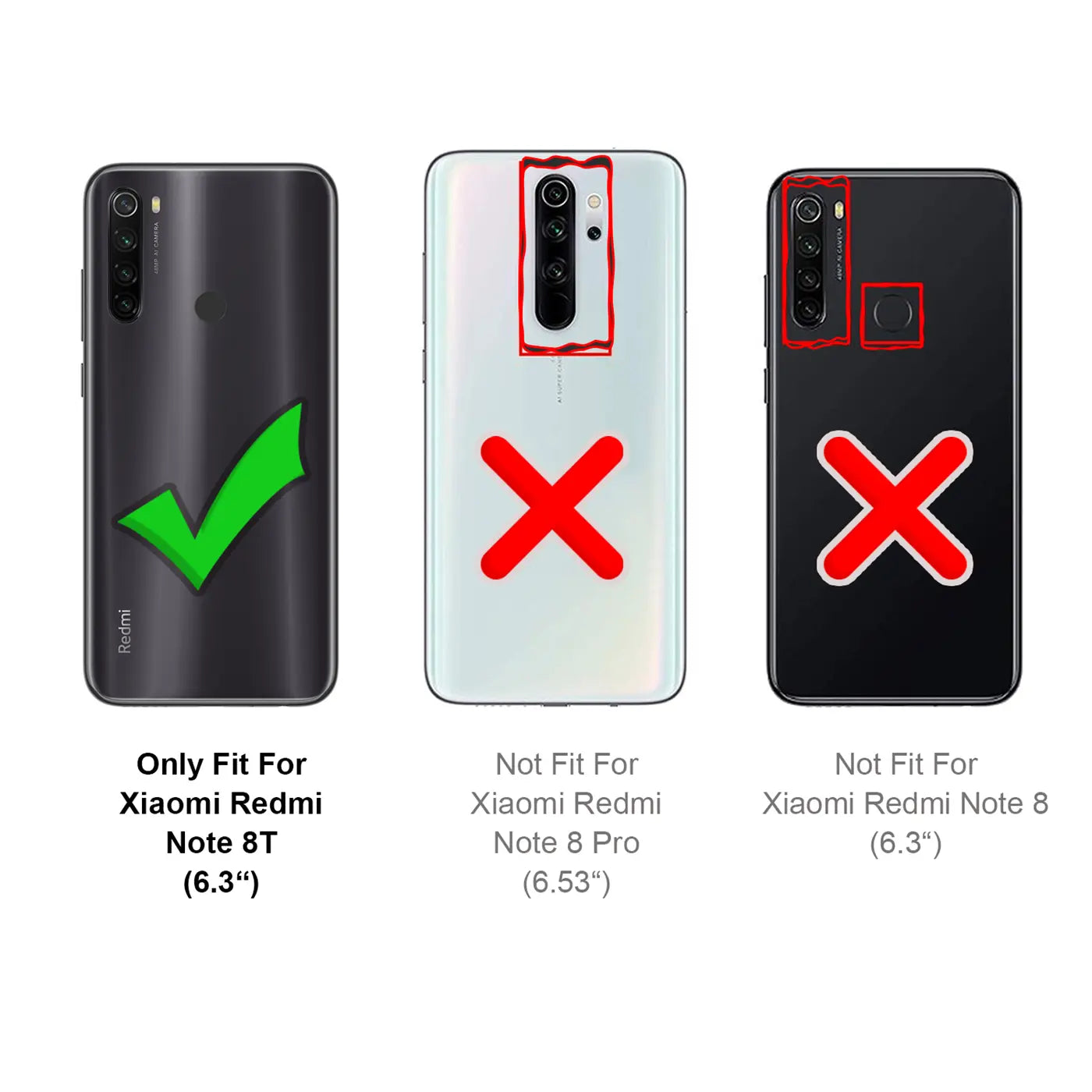 Drei Smartphone-Rückseiten (Xiaomi Redmi Note 8T, Note 8 Pro, Note 8) von hinten, zeigen Passgenauigkeit.