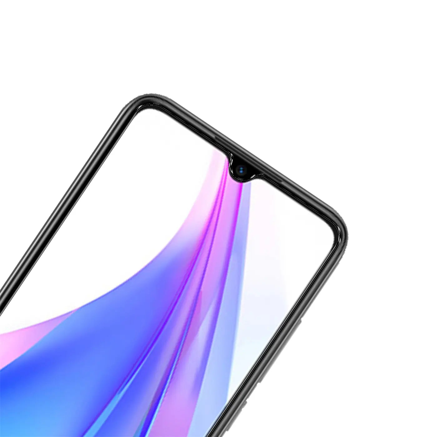 Schrägansicht des oberen Teils eines schwarzen Xiaomi Redmi Note 8T mit Panzerglas-Displayschutz und Wassertropfen-Notch.
