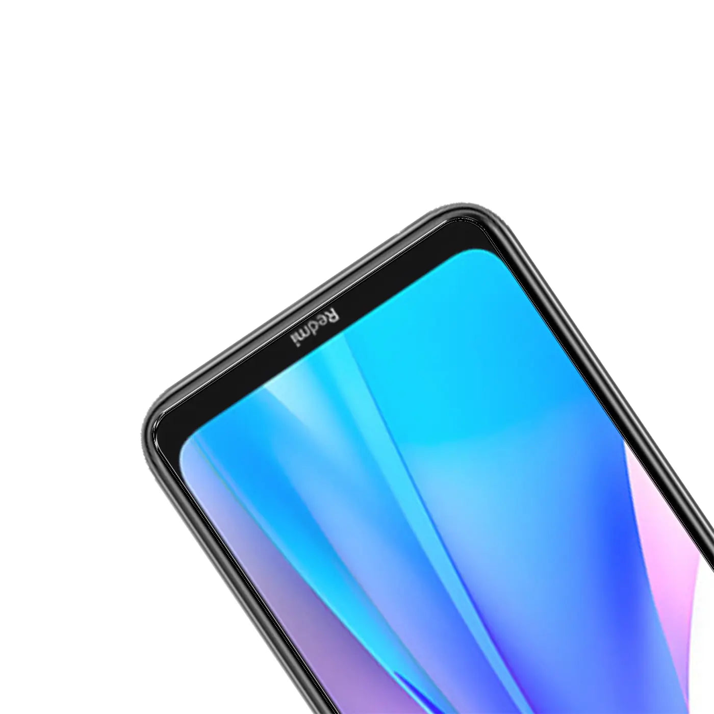 Nahaufnahme des oberen Bereichs eines schwarzen Xiaomi Redmi Note 8T Smartphones mit blauem Display, schräg von oben.