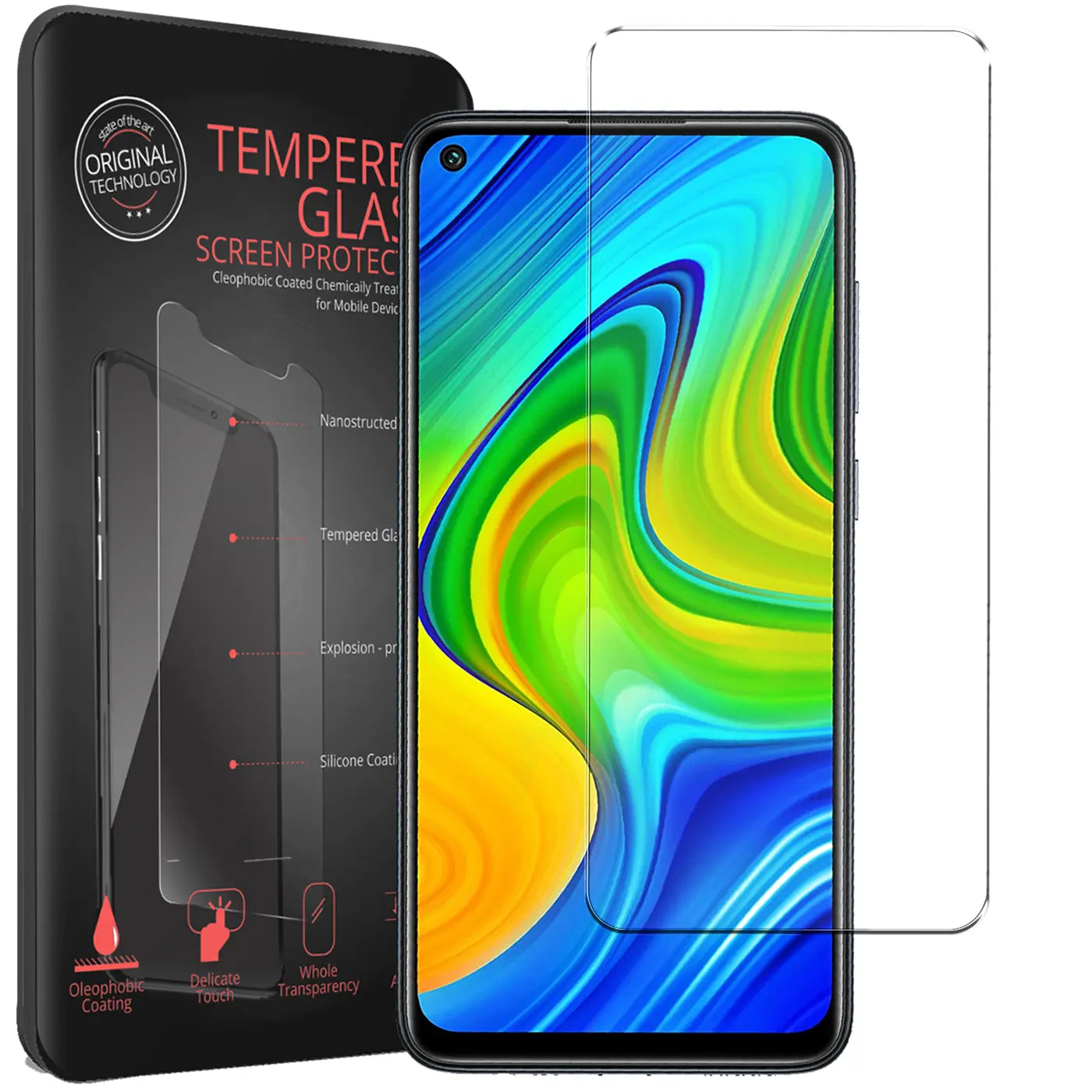 Schwarzes Xiaomi Redmi Note 9 mit angebrachtem, transparentem Panzerglas, daneben ein weiteres Panzerglas und die schwarze.