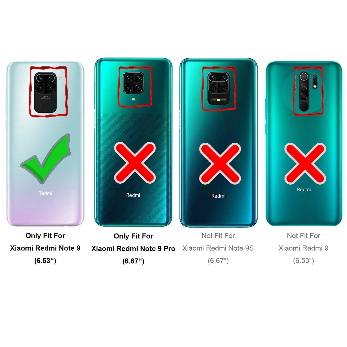 Vier Smartphone-Rückseiten (Xiaomi Redmi Note 9, 9 Pro, 9S, 9) in verschiedenen Farben, von hinten, mit Haken/Kreuzen.