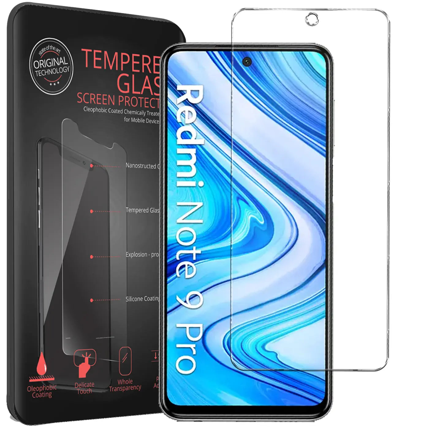 Schwarze Verpackung mit "TEMPERED GLASS SCREEN PROTECTOR" Schriftzug, daneben ein Xiaomi Redmi Note 9 Pro mit Panzerglas.