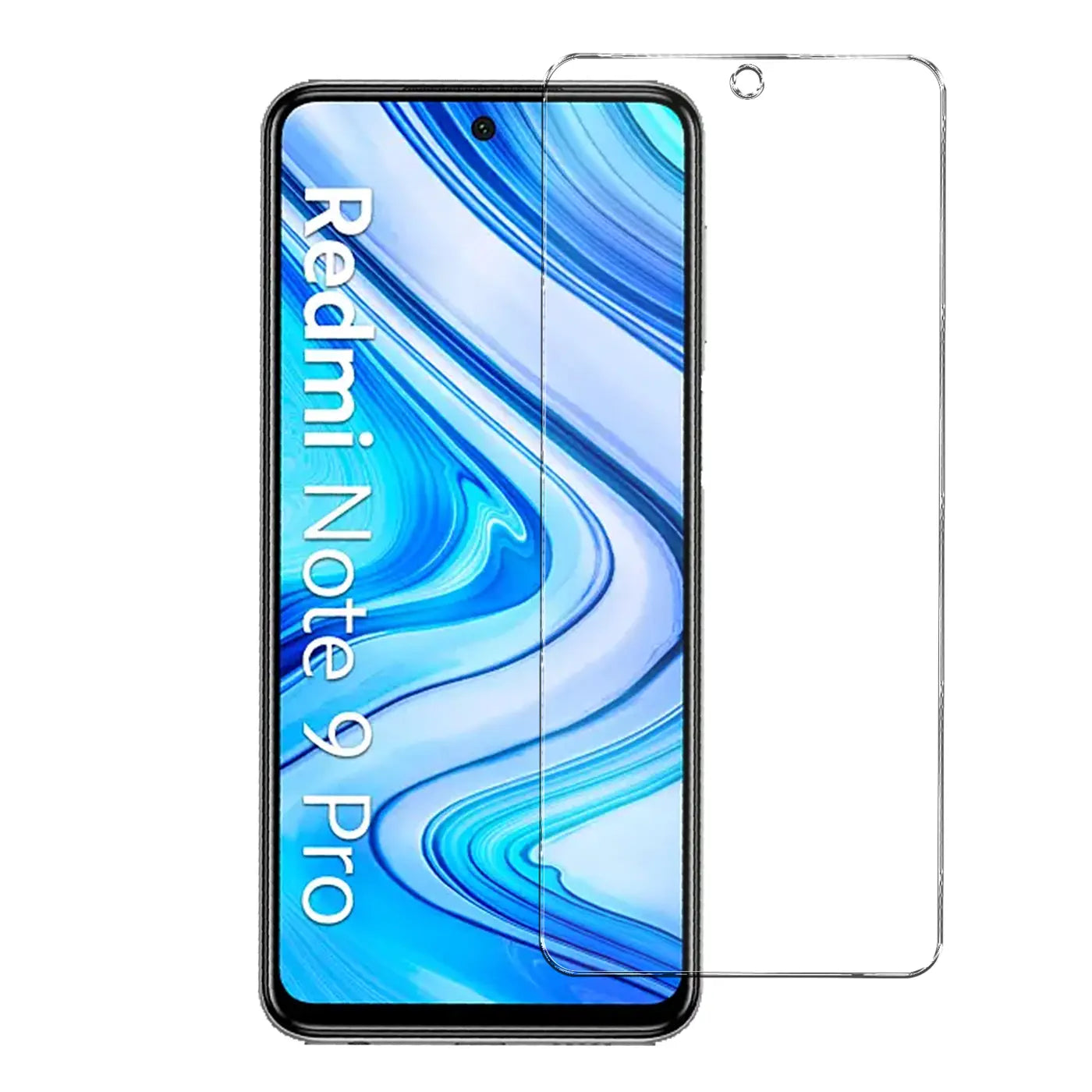 Vorderansicht eines Xiaomi Redmi Note 9 Pro/9S Smartphones mit einem transparenten Panzerglas Displayschutz daneben.