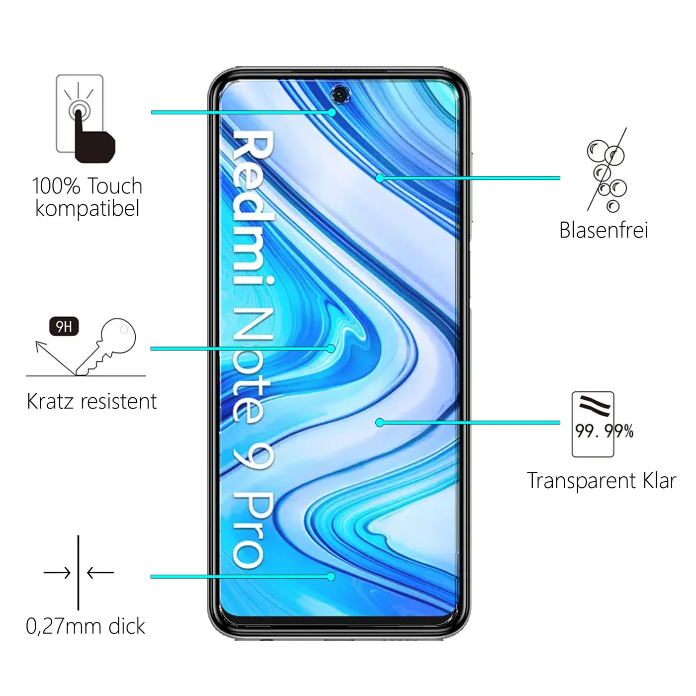 Schwarzes Xiaomi Redmi Note 9 Pro/9S von vorne mit transparentem Panzerglas-Displayschutz und Produktmerkmalen.