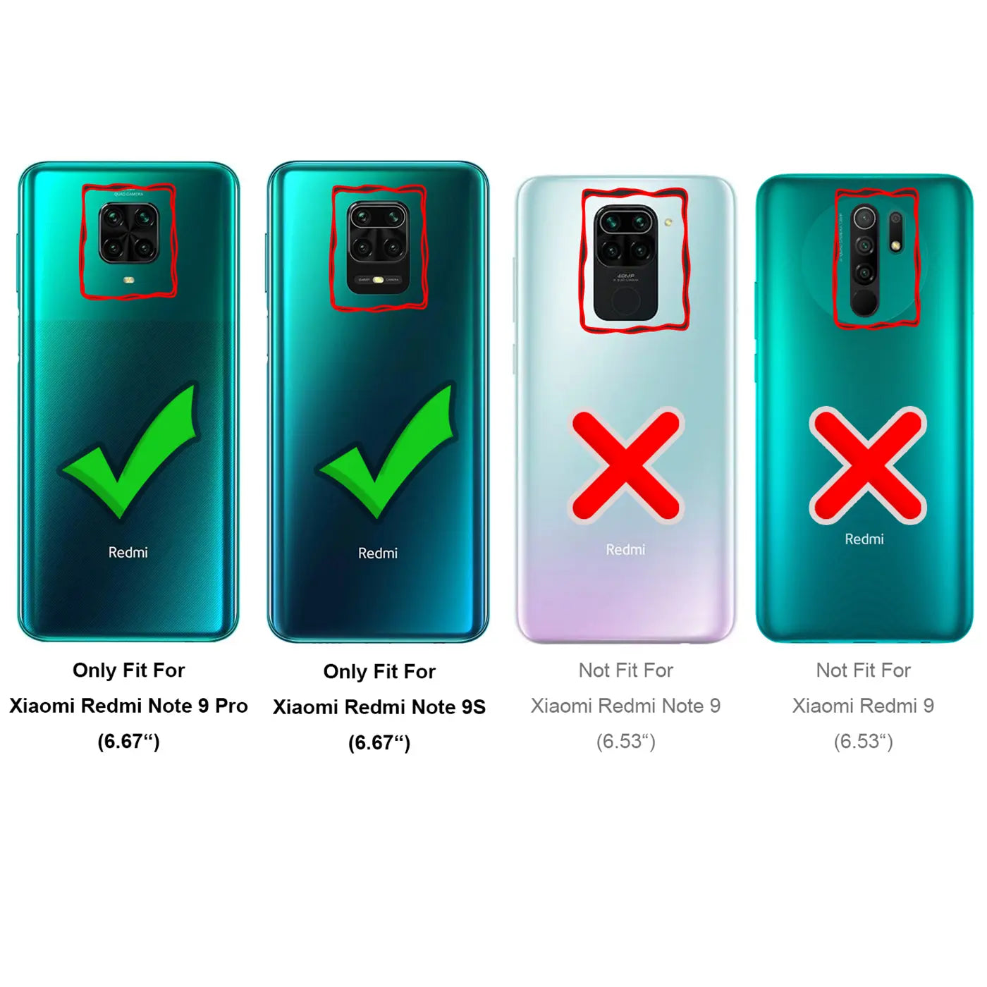 Vier Xiaomi Redmi Rückseiten: 2x Grün mit Haken (Note 9 Pro/9S), 2x Hellblau/Grün mit X (Note 9).