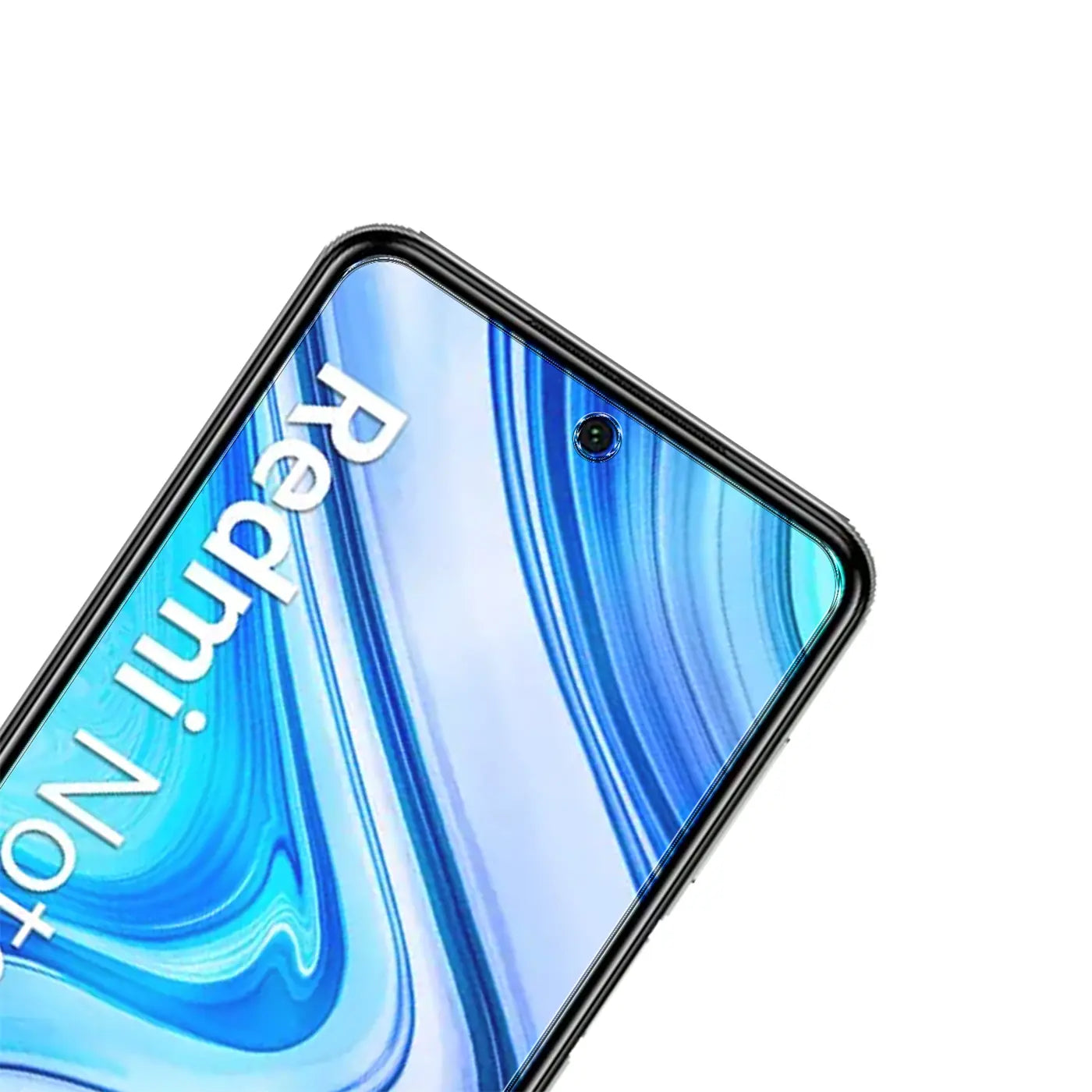 Nahaufnahme des oberen Teils eines schwarzen Xiaomi Redmi Note 9 Pro/9S Handys mit blauem Display und Frontkamera.