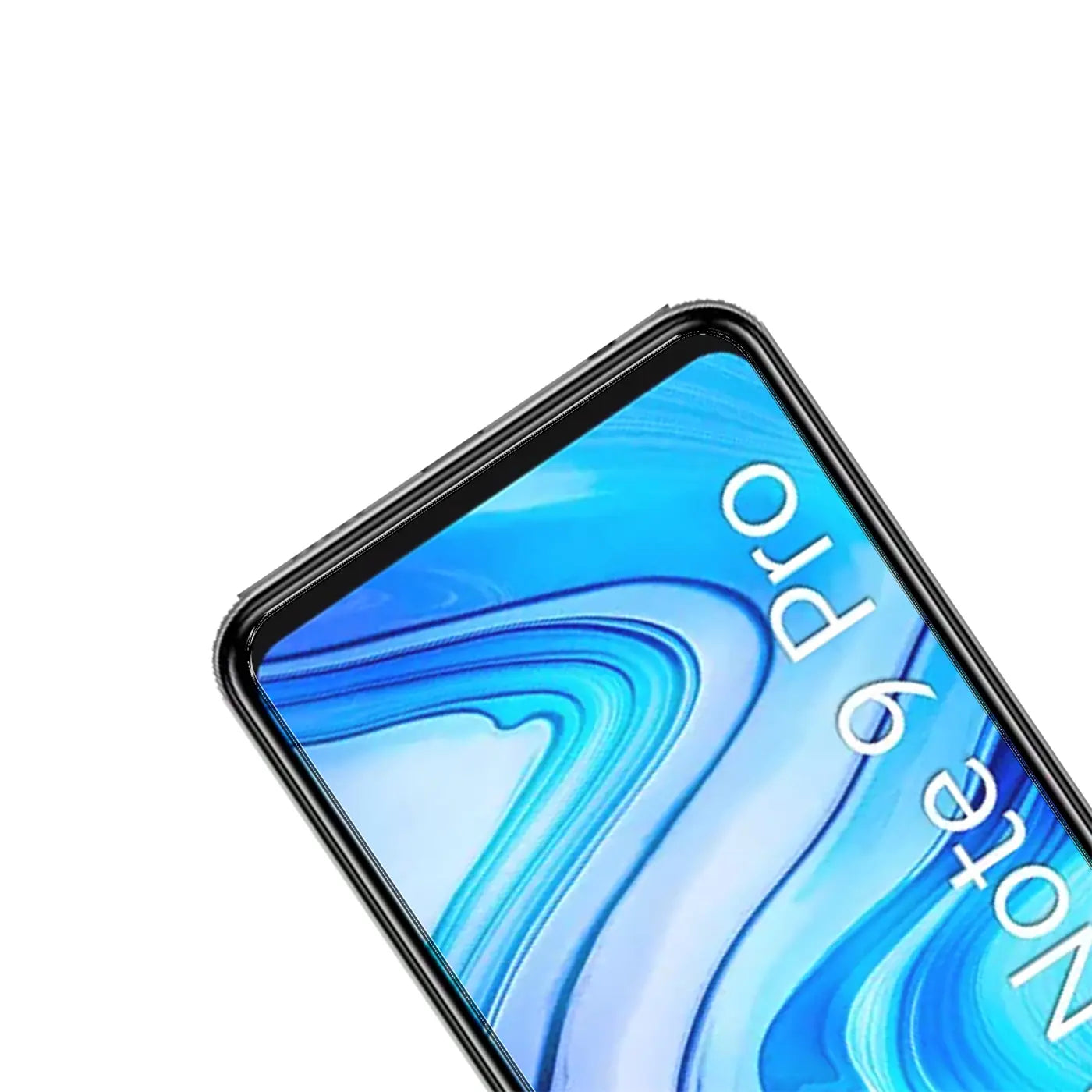 Oberer Teil eines schwarzen Xiaomi Redmi Note 9 Pro/9S Handys, schräg von oben. Display mit blauem Hintergrund.