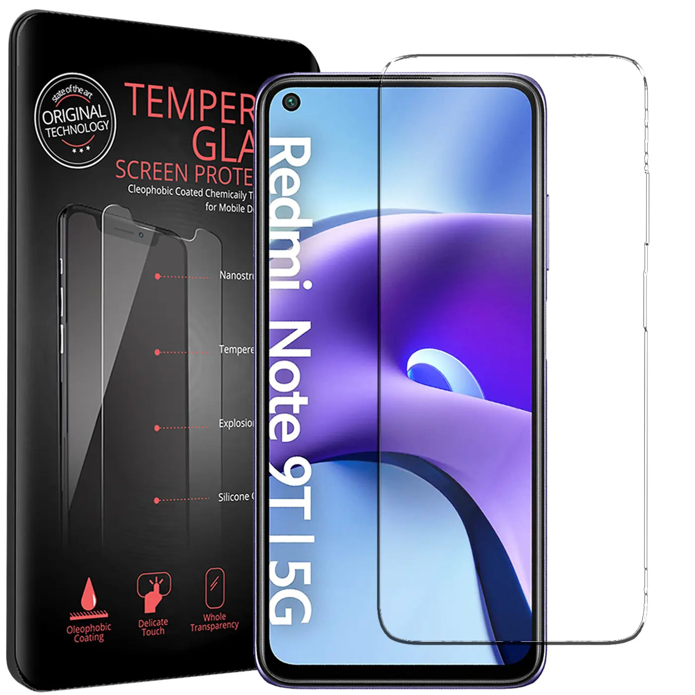 Schwarze Verpackung für Panzerglas, daneben ein Xiaomi Redmi Note 9T mit aufgelegtem und einem separaten Panzerglas.