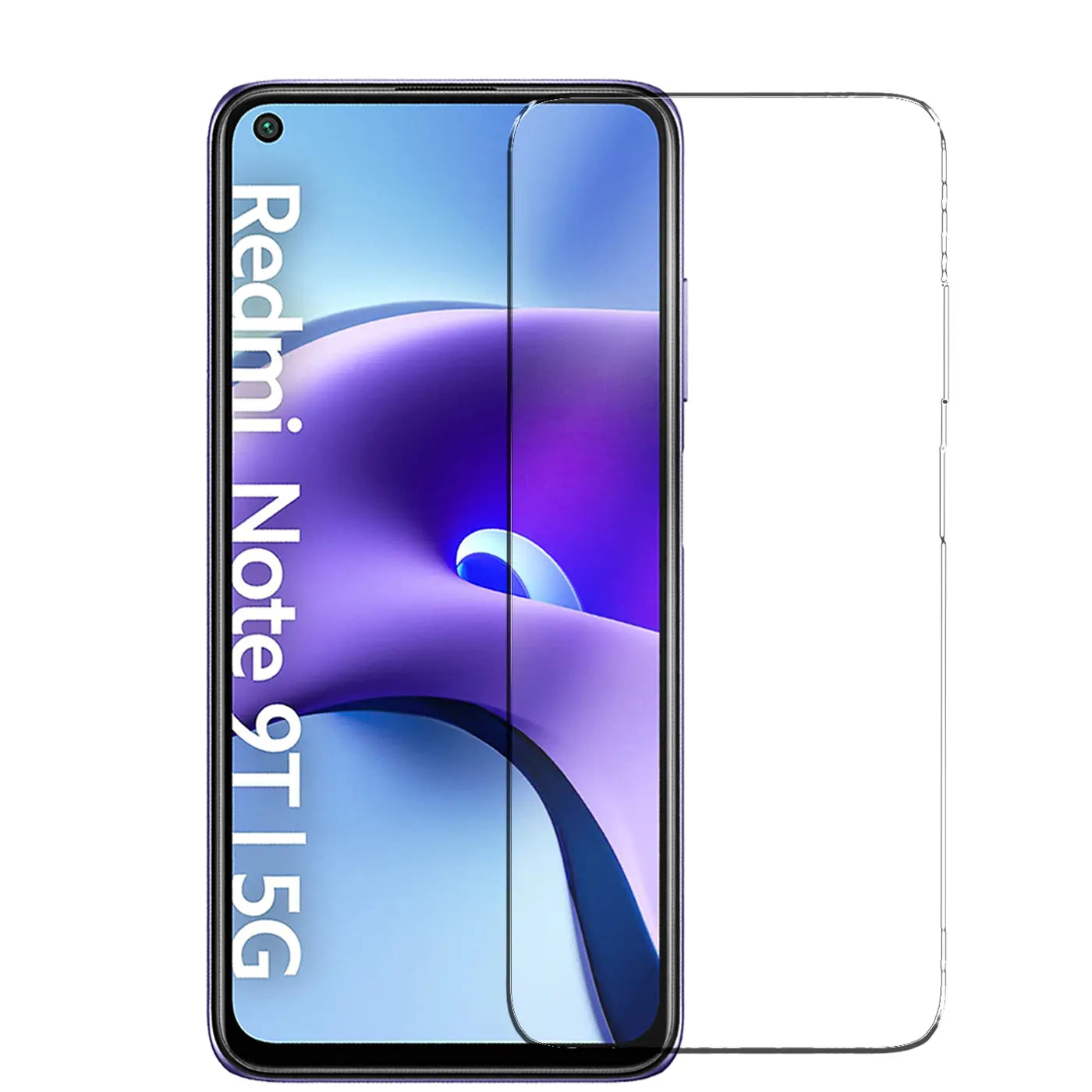 Xiaomi Redmi Note 9T 5G Smartphone mit aufgelegtem, transparentem Panzerglas-Displayschutz, Frontansicht.