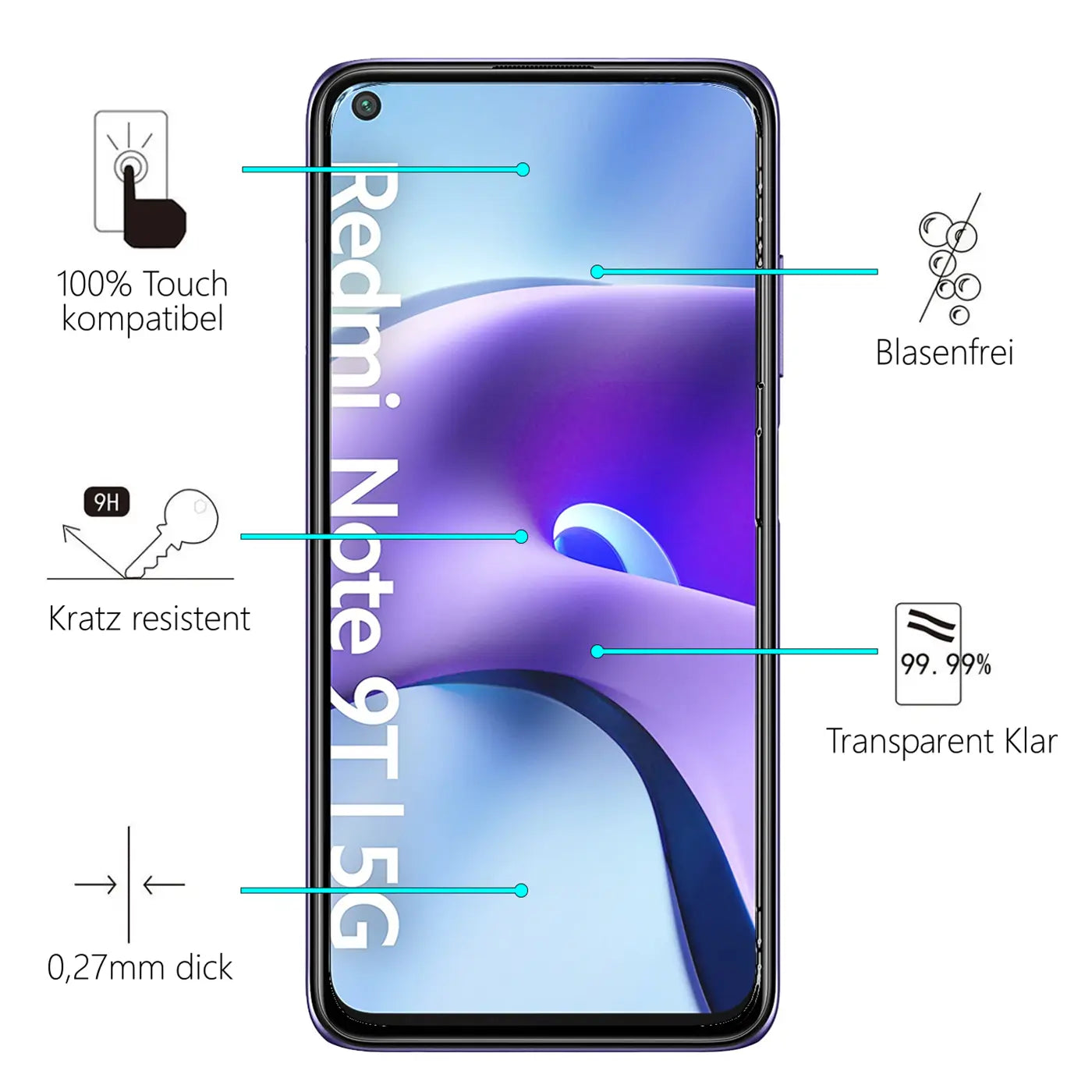 Vorderansicht eines schwarzen Xiaomi Redmi Note 9T mit lila Display und Beschreibungen des Panzerglases.