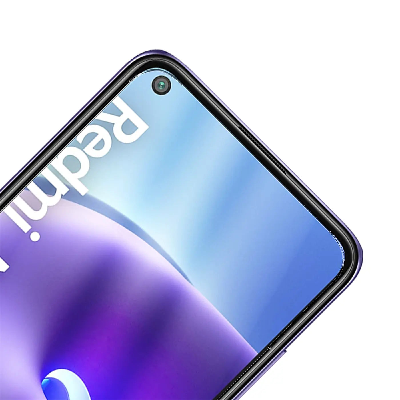 Oberer Teil eines Xiaomi Redmi Note 9T mit Panzerglas. Schwarzer Rahmen, lila Display, Frontkamera sichtbar.