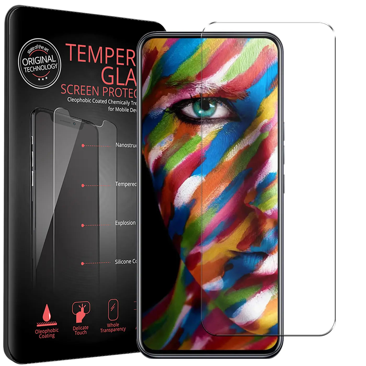 Schwarze Verpackung mit Panzerglas-Details, daneben ein ZTE Axon 20 mit bunten Gesicht auf Display und ein Schutzglas.