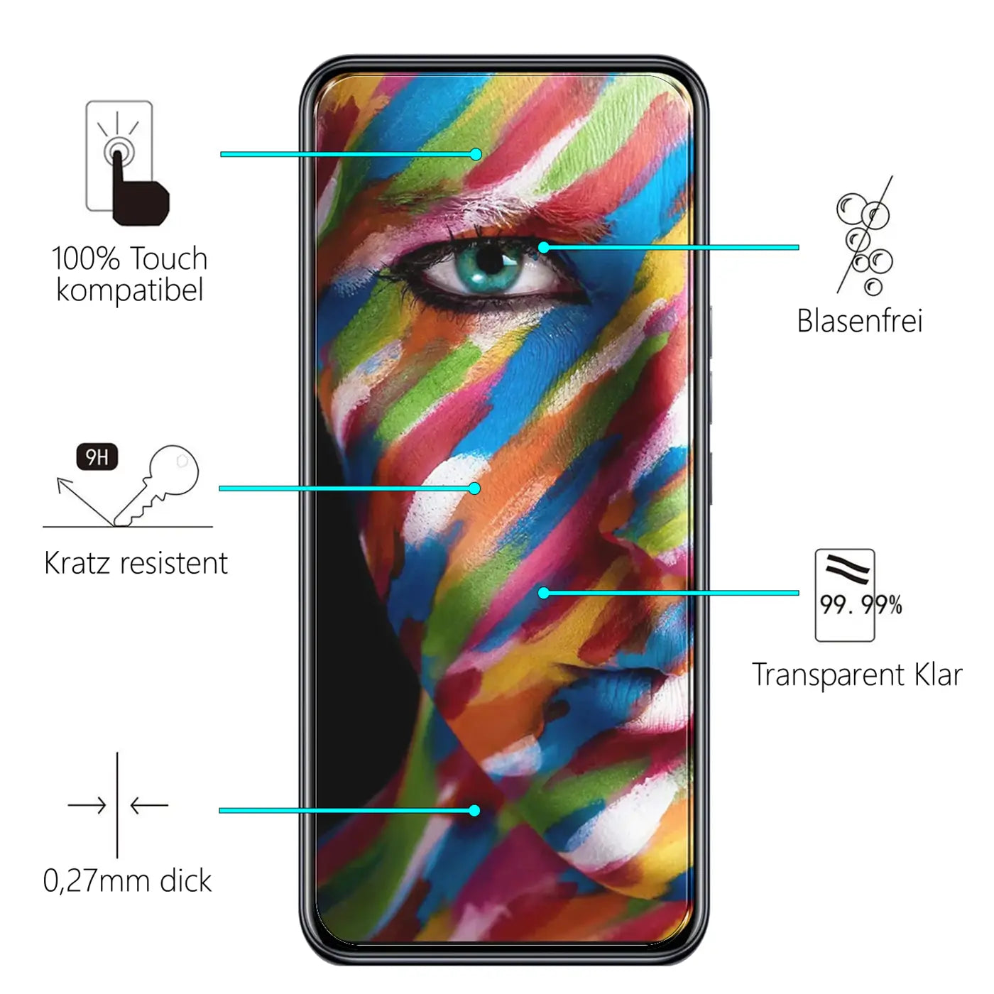 ZTE Axon 20 Smartphone mit farbigem Display, frontal. Links und rechts sind Produktmerkmale mit Icons und Text.