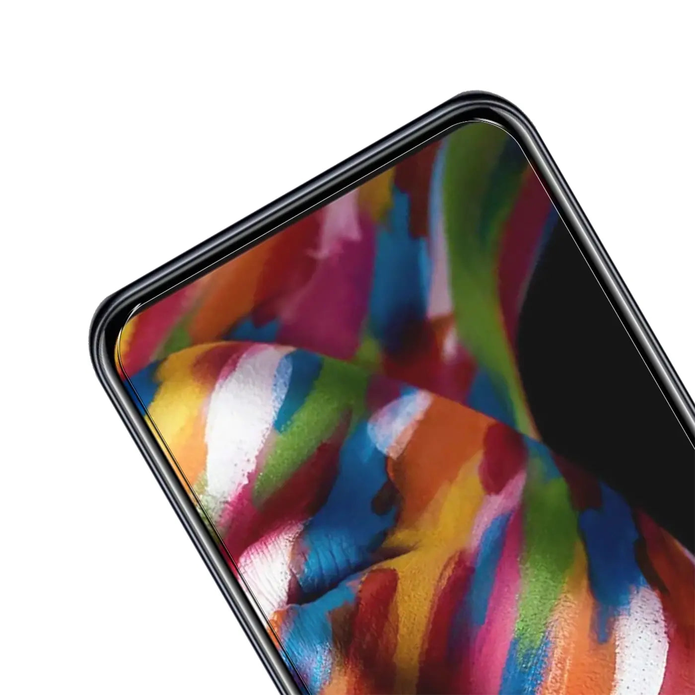 Schwarzes ZTE Axon 20 Smartphone mit Panzerglas-Displayschutz, schräg von oben, zeigt farbenfrohes abstraktes Bild.