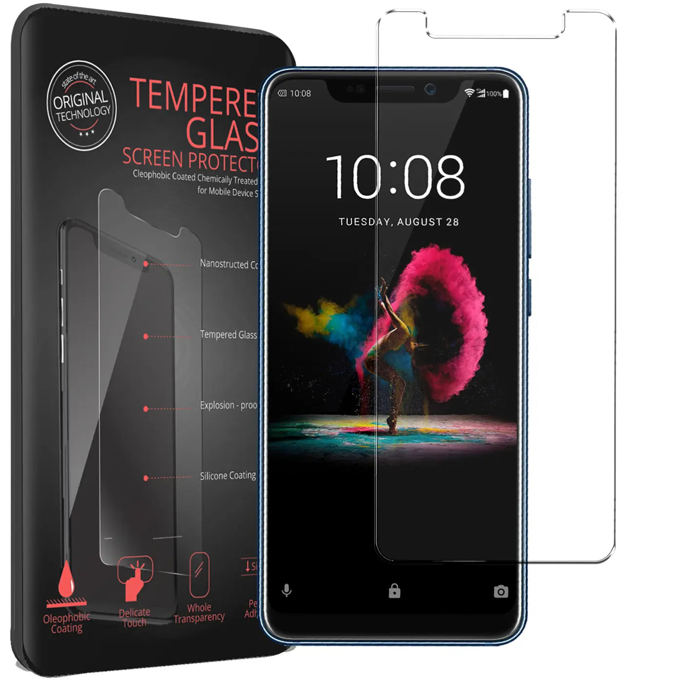 Schwarzes ZTE Axon 9 Pro mit Displayschutzfolie, daneben schwarze Verpackung und eine weitere Folie, von vorne.