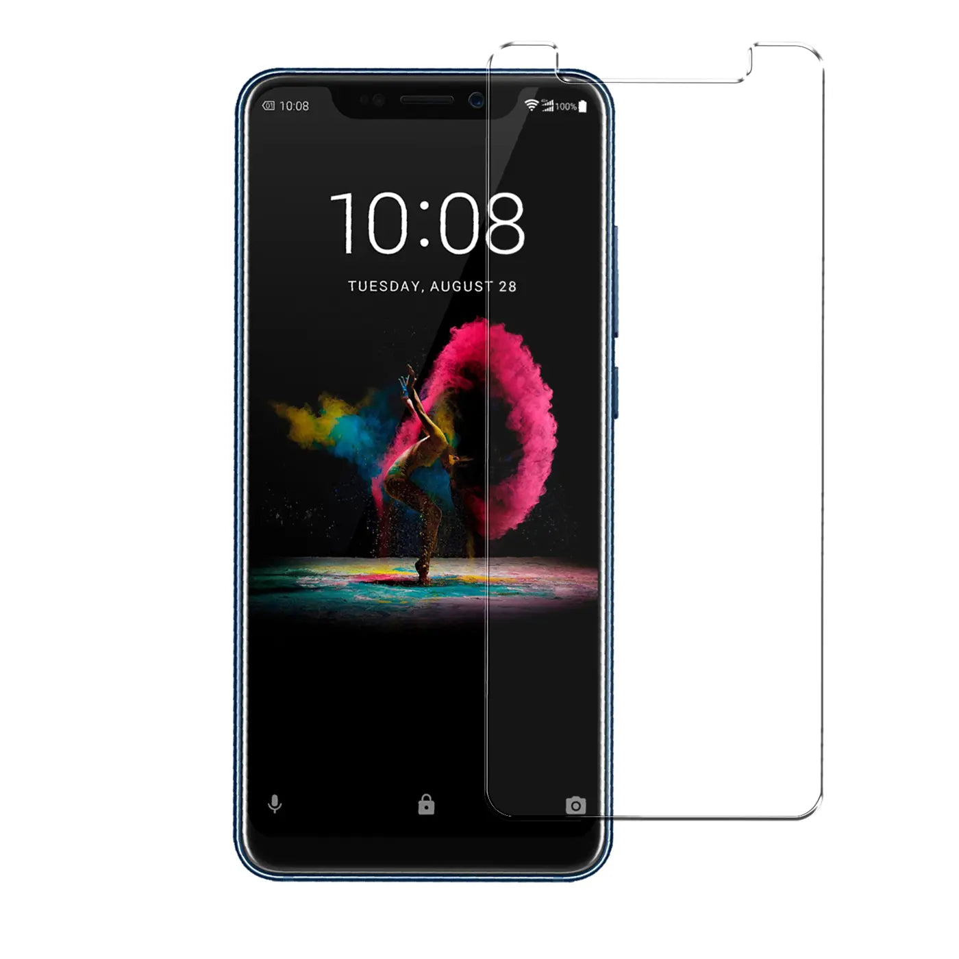 ZTE Axon 9 Pro Handy mit transparentem Panzerglas-Displayschutz von vorne, leicht nach rechts versetzt.