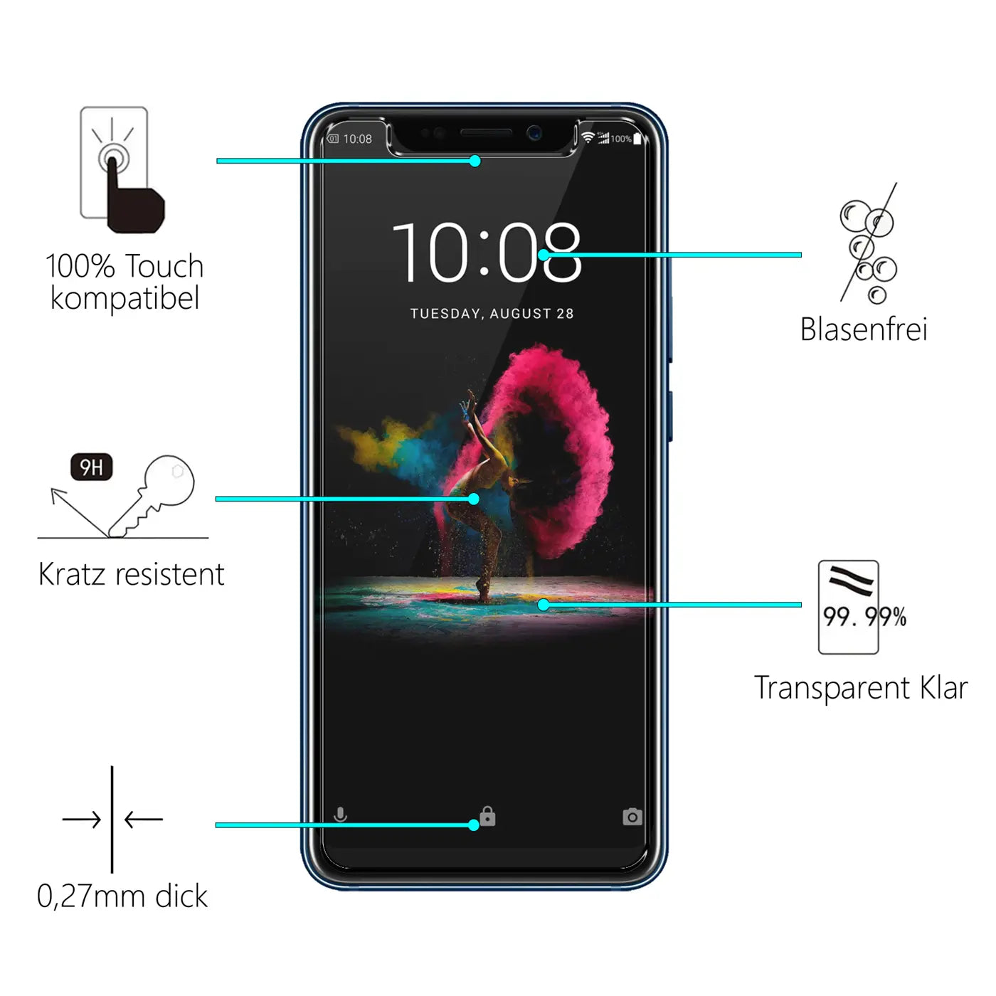 Blaues ZTE Axon 9 Pro Smartphone von vorne mit transparentem Panzerglas-Displayschutz und Infografiken.