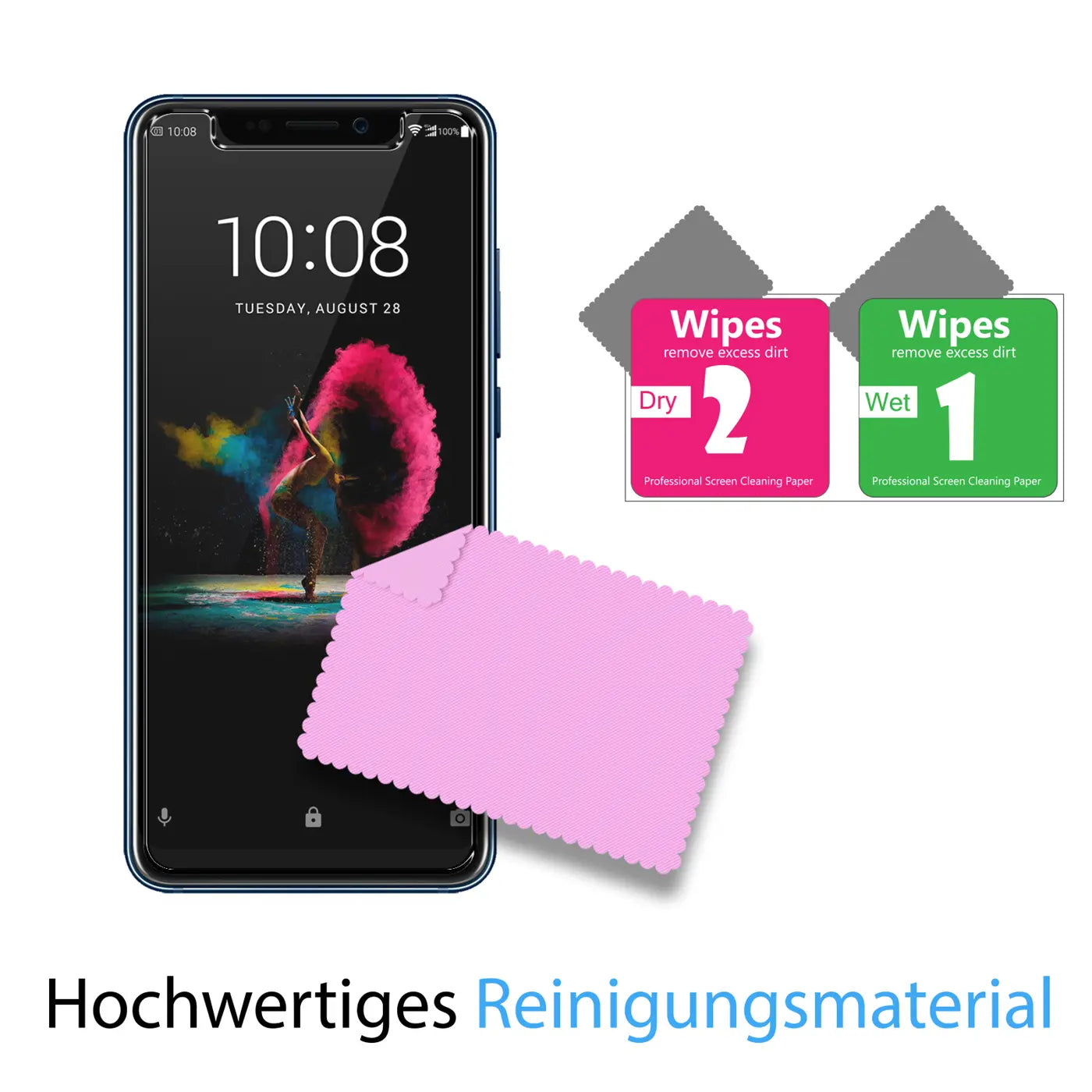 ZTE Axon 9 Pro mit Panzerglas-Displayschutz, rosa Mikrofasertuch und zwei Reinigungstüchern (nass/trocken).