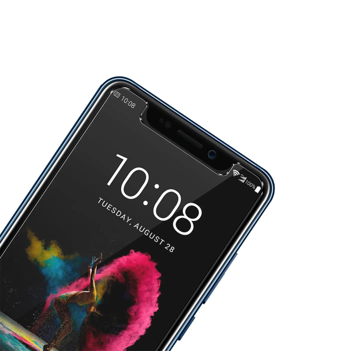 ZTE Axon 9 Pro Smartphone mit transparentem Panzerglas-Displayschutz, schräg von oben rechts auf weißem Hintergrund.