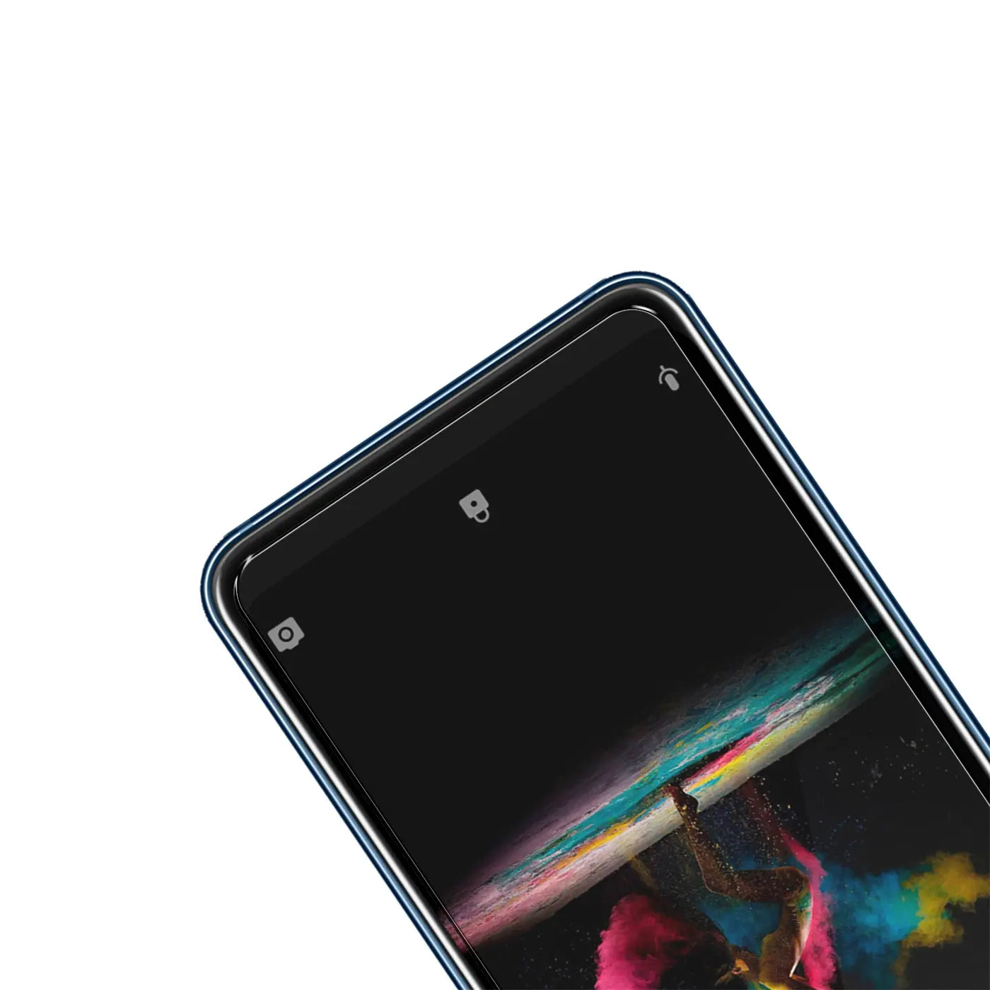 Nahaufnahme des oberen Bereichs eines ZTE Axon 9 Pro mit schwarzem Display und Panzerglas-Schutz, schräg von oben.